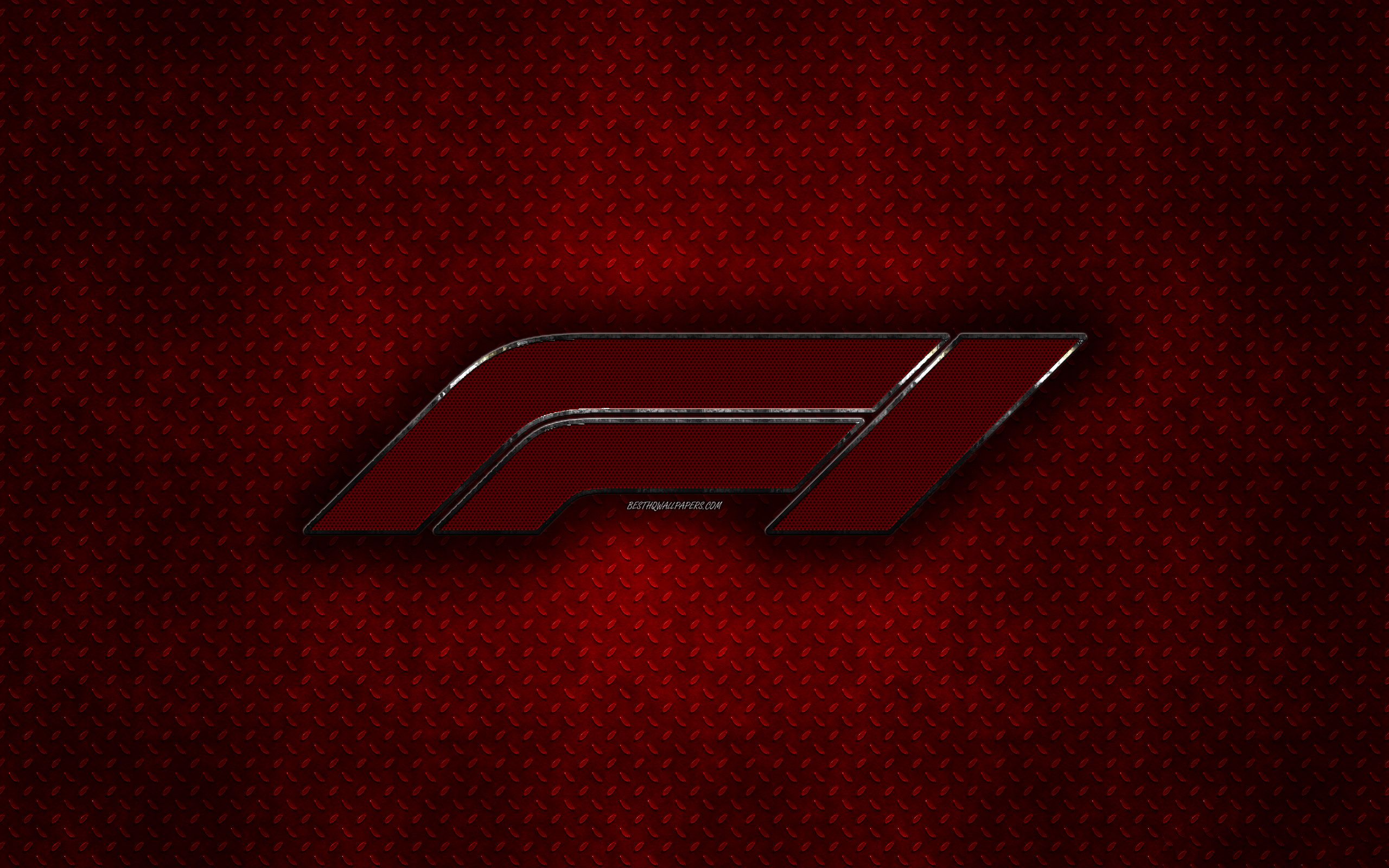 Download wallpaper Formula new logo, red metal texture, F1 metal red emblem, creative art for desktop with resolution 2560x1600. High Quality HD picture wallpaper