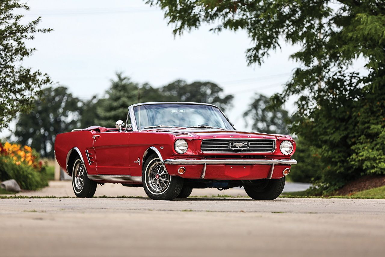 Desktop Wallpaper Ford Mustang 1966 Cabriolet Red Retro automobile