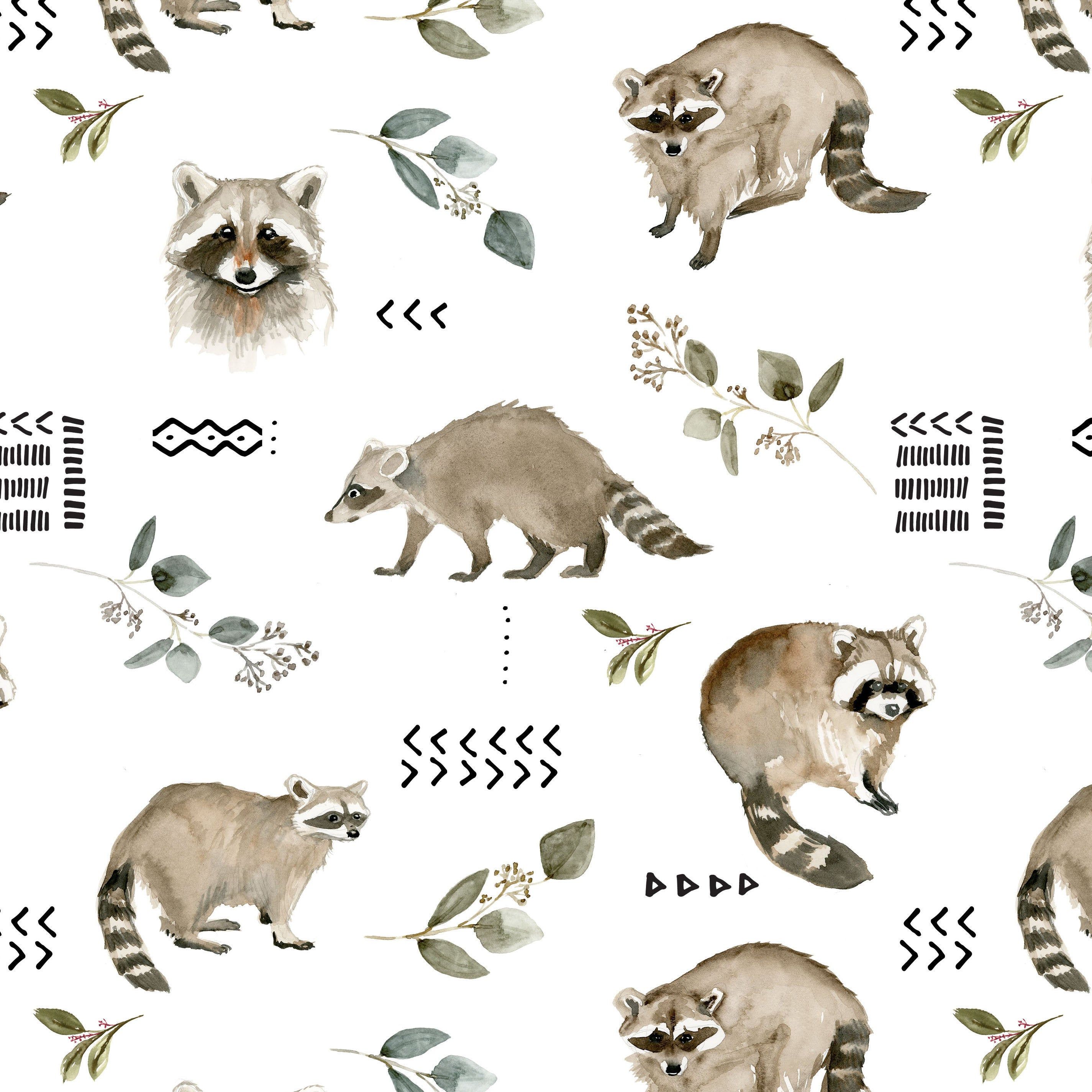Watercolor Raccoon Fabric by the Yard. Fall Autumn Mudcloth. Etsy. Woodland fabric, Raccoon, Mud cloth