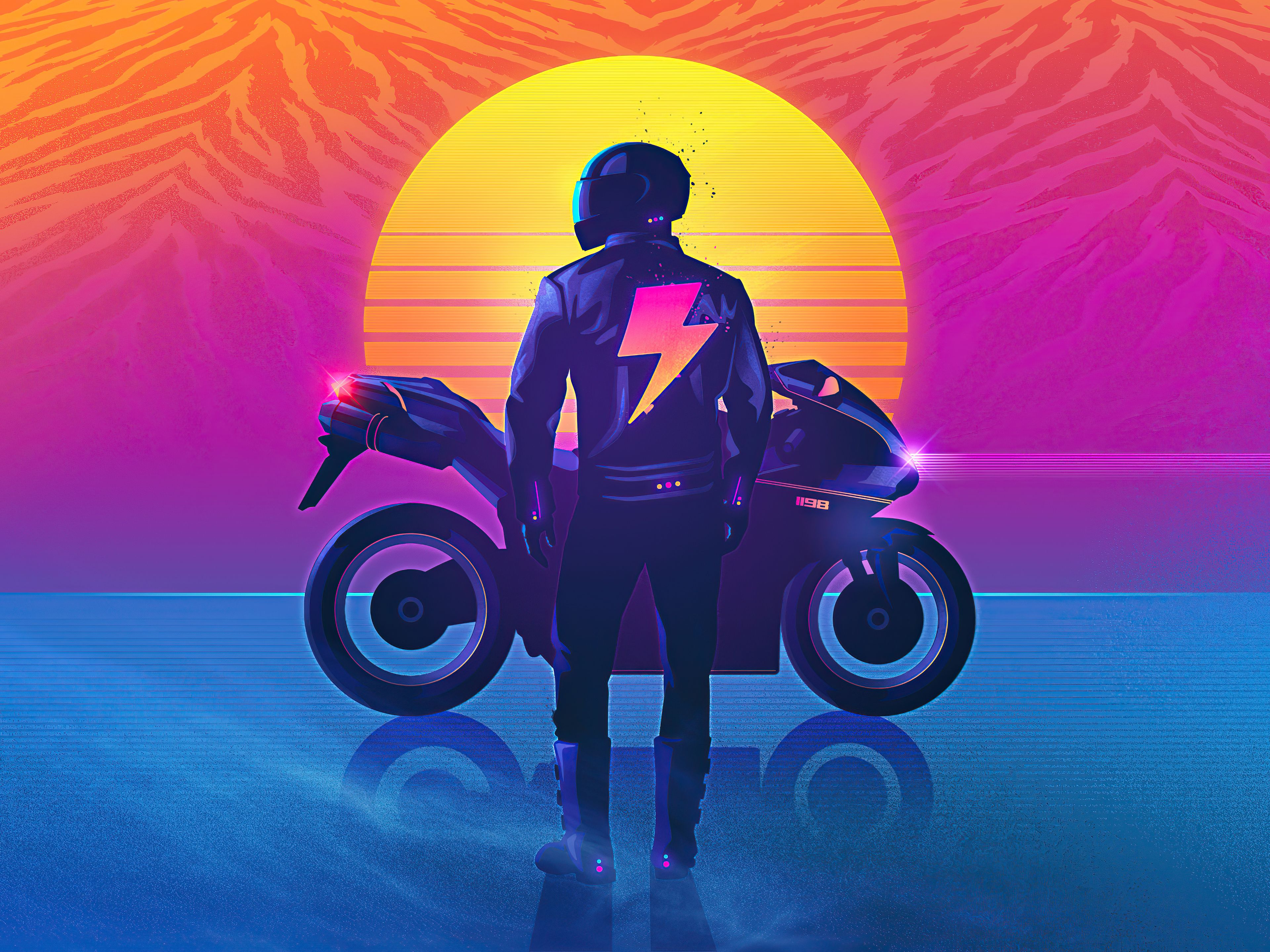 Wallpaper, digital art, artwork, illustration, biker, motorcycle, motobike, jacket, neon, Sun, vehicle, transport, helmet, vaporwave, synthwave, Retrowave, 1980s 3840x2880