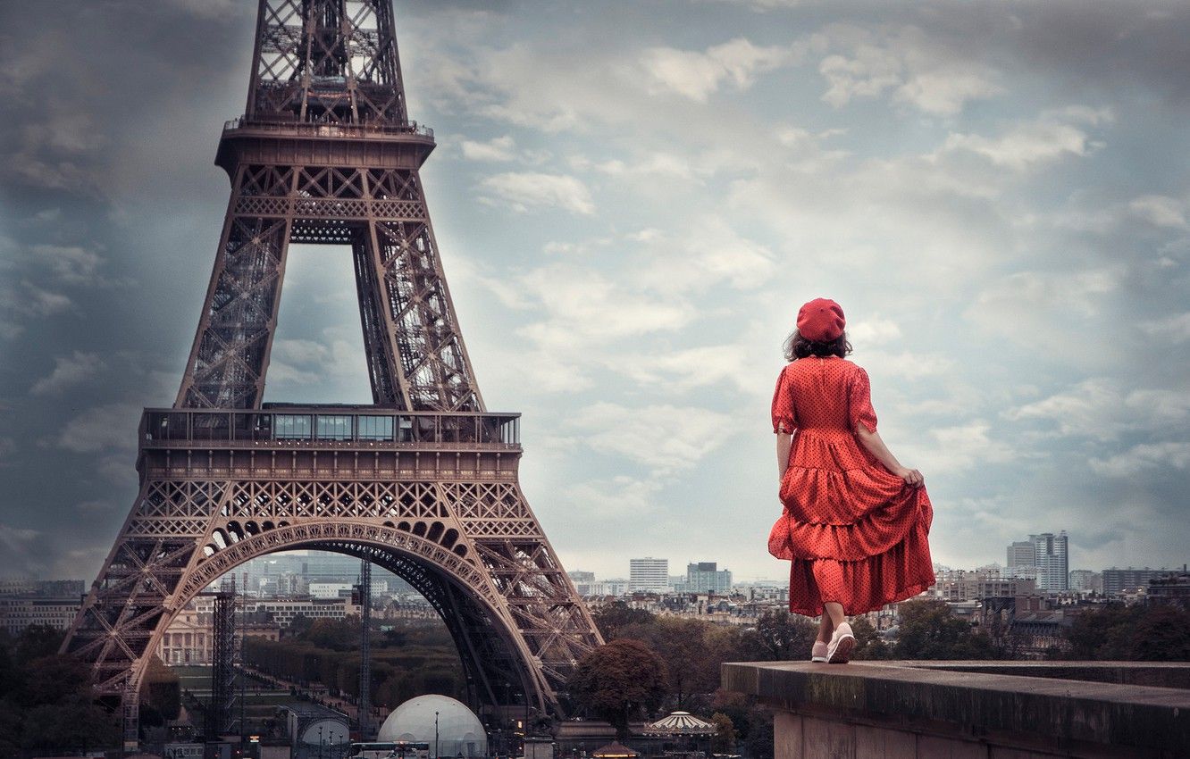 Wallpaper girl, mood, France, Paris, the situation, dress, panorama, Eiffel tower, in red, takes image for desktop, section настроения