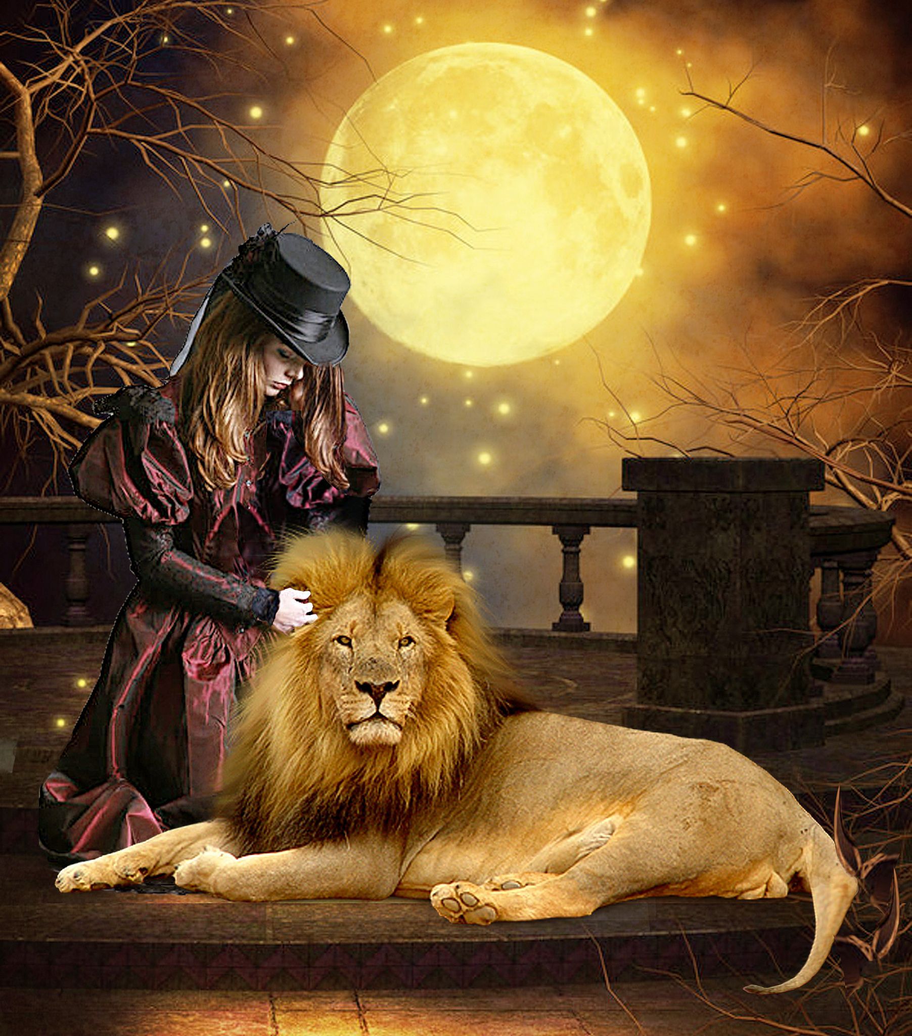 Girl and lion in the moonlight. Lion art, Lion love, Lion