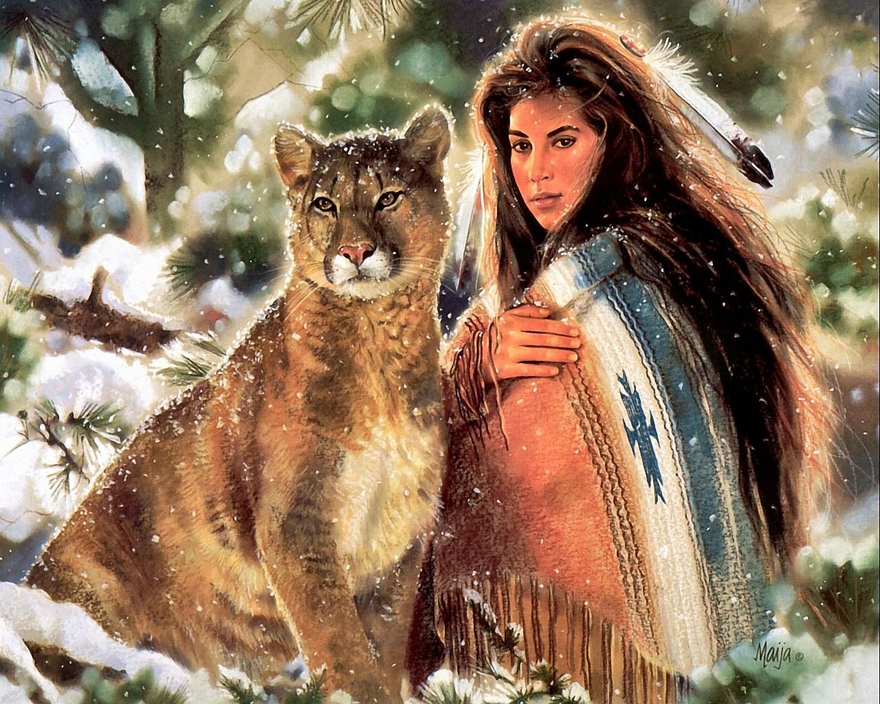 Title Artistic Native American Wallpaper Lion And Woman Art HD Wallpaper