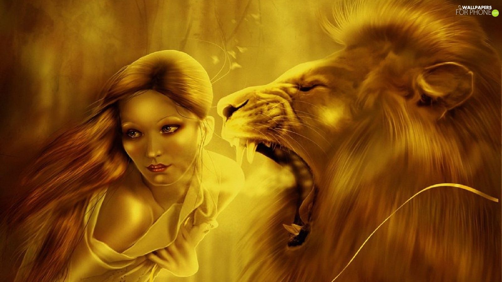Lion, girl, roaring phone wallpaper: 1600x900