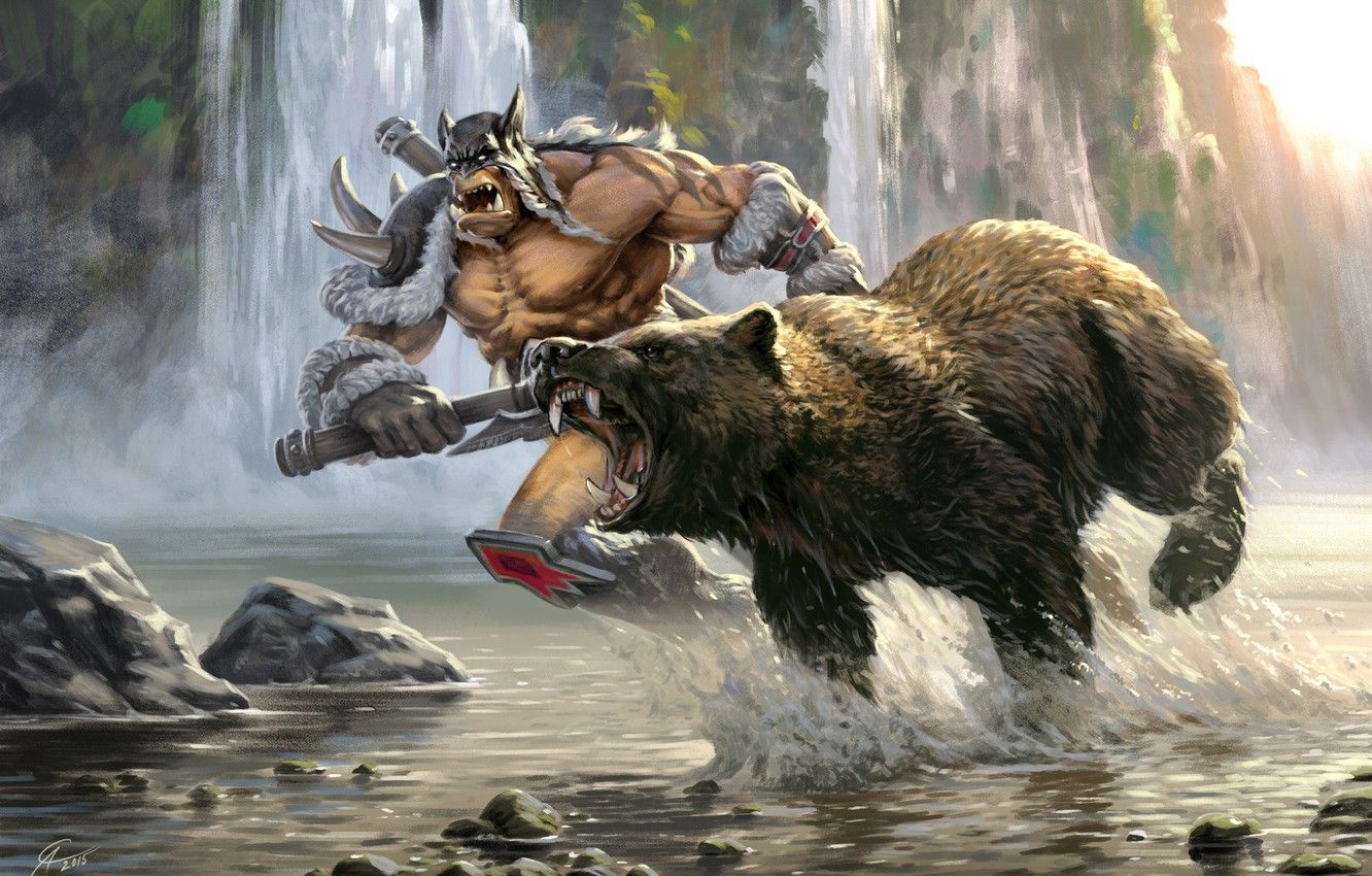 Wallpaper forest, river, bear, fantasy, art, hunting, Orc, Sergey Avtushenko, Rexxar and Misha the heroes of the horde image for desktop, section фантастика