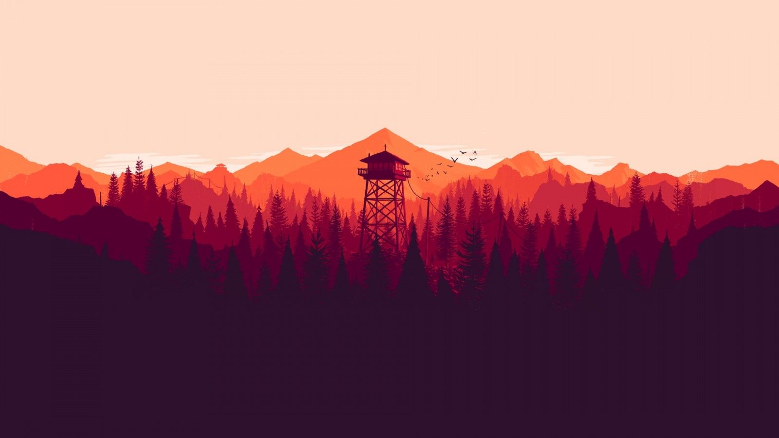 Wallpaper, landscape, colorful, forest, illustration, mountains, digital art, video games, sunset, nature, minimalism, artwork, low poly, sunrise, tower, Firewatch, Olly Moss, dawn, mountainous landforms, geographical feature, geological phenomenon