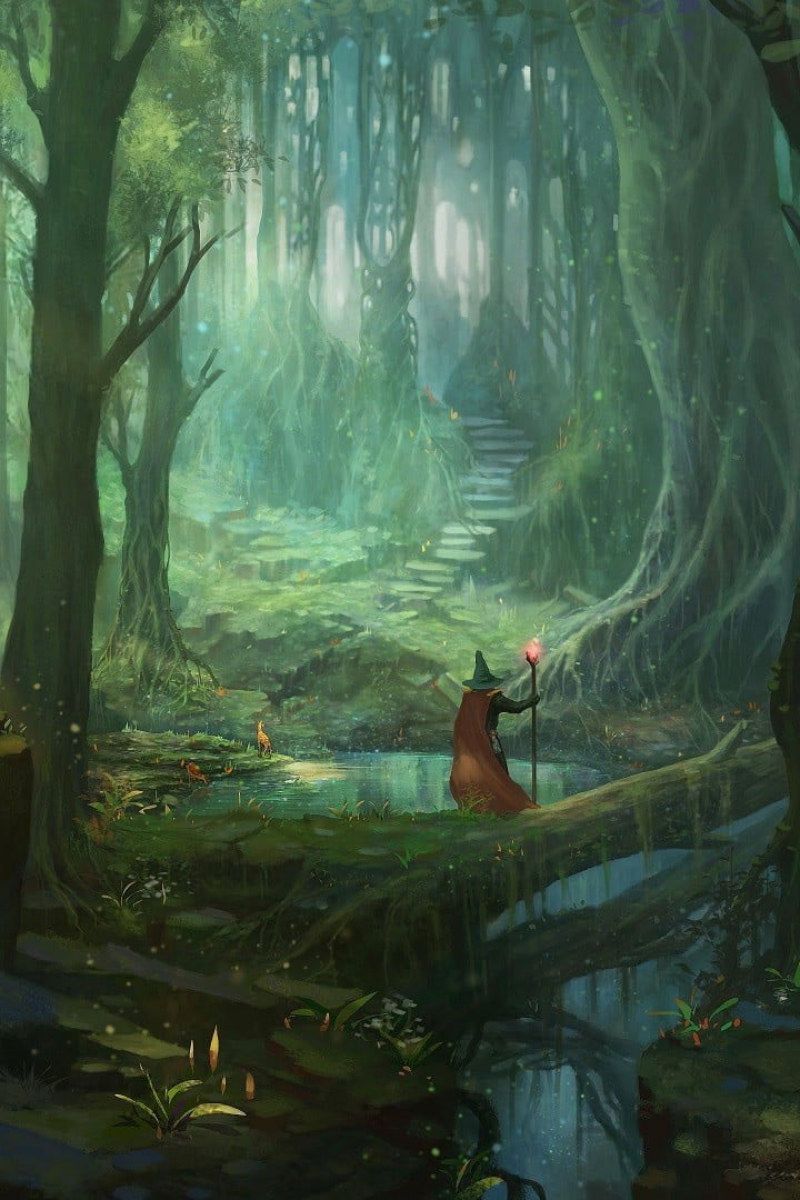 Wizard illustration wallpaper, fantasy art, forest, trees, stairs, one person • Wallpaper For You HD Wallpaper For Desktop & Mobile