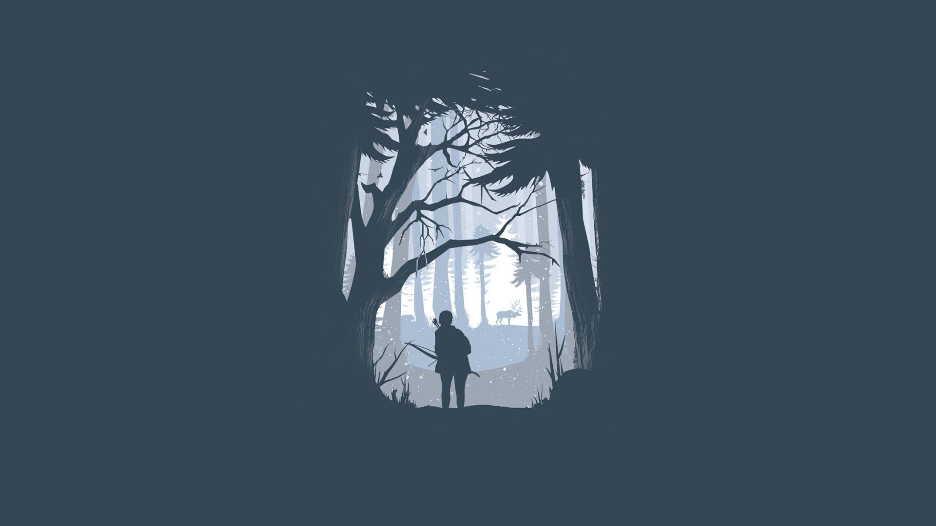 Wallpaper, forest, illustration, minimalism, winter, blue, wind, The Last of Us, hunting, light, darkness, screenshot, 1920x1080 px, computer wallpaper, black and white, monochrome photography, font 1920x1080