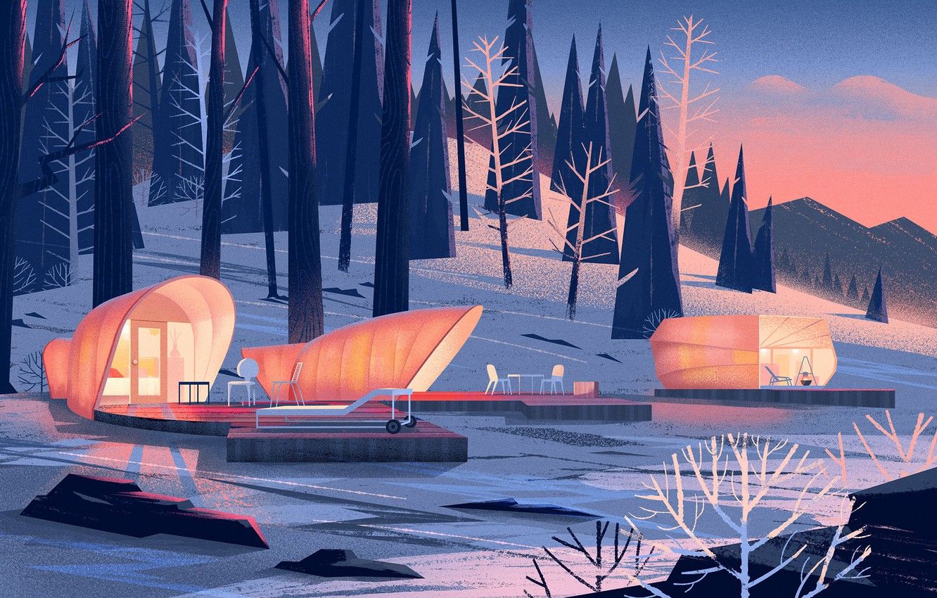 Wallpaper winter, forest, shore, pond, Nomadic Homes Illustrations image for desktop, section рендеринг