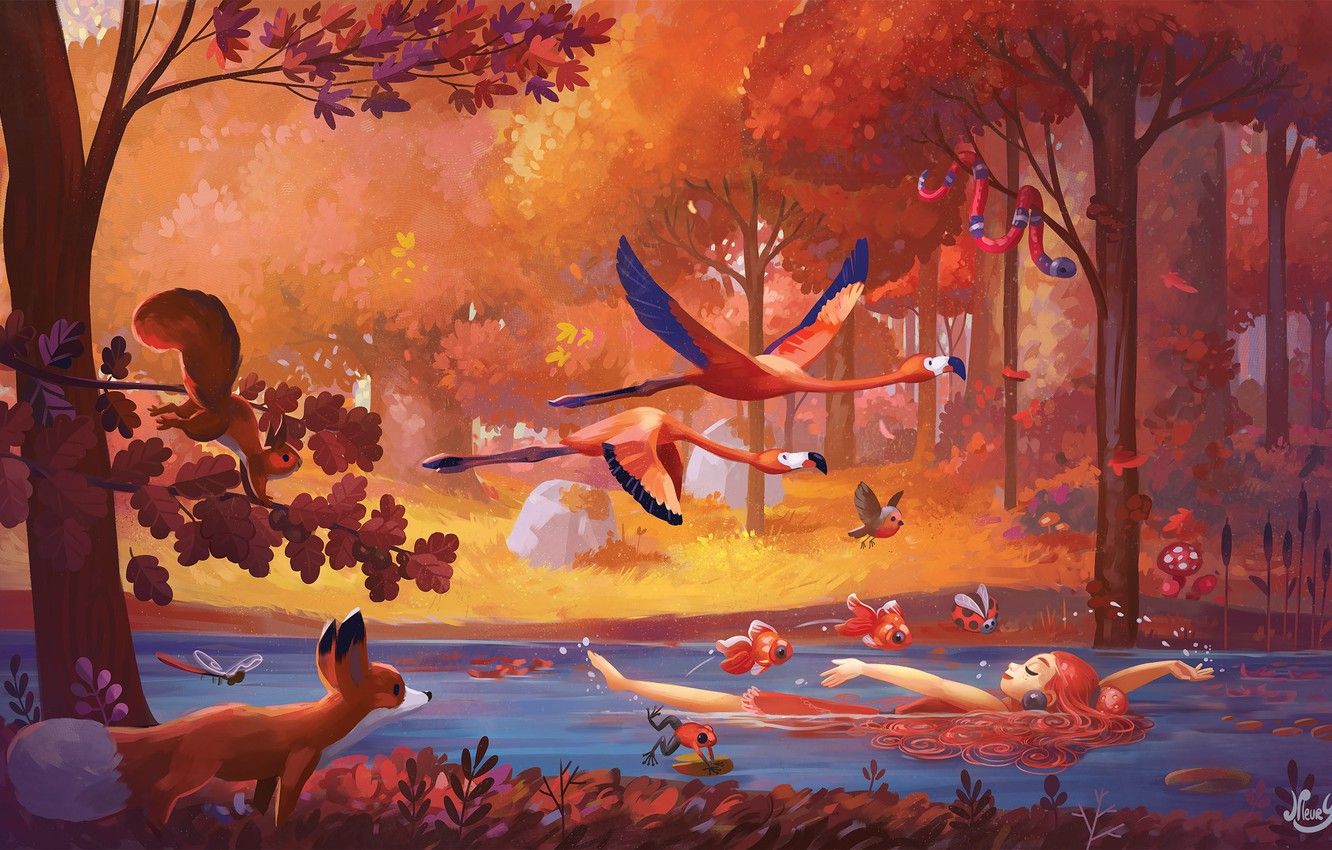 Wallpaper forest, animals, girl, fish, landscape, birds, nature, river, fantasy, art, illustration image for desktop, section арт