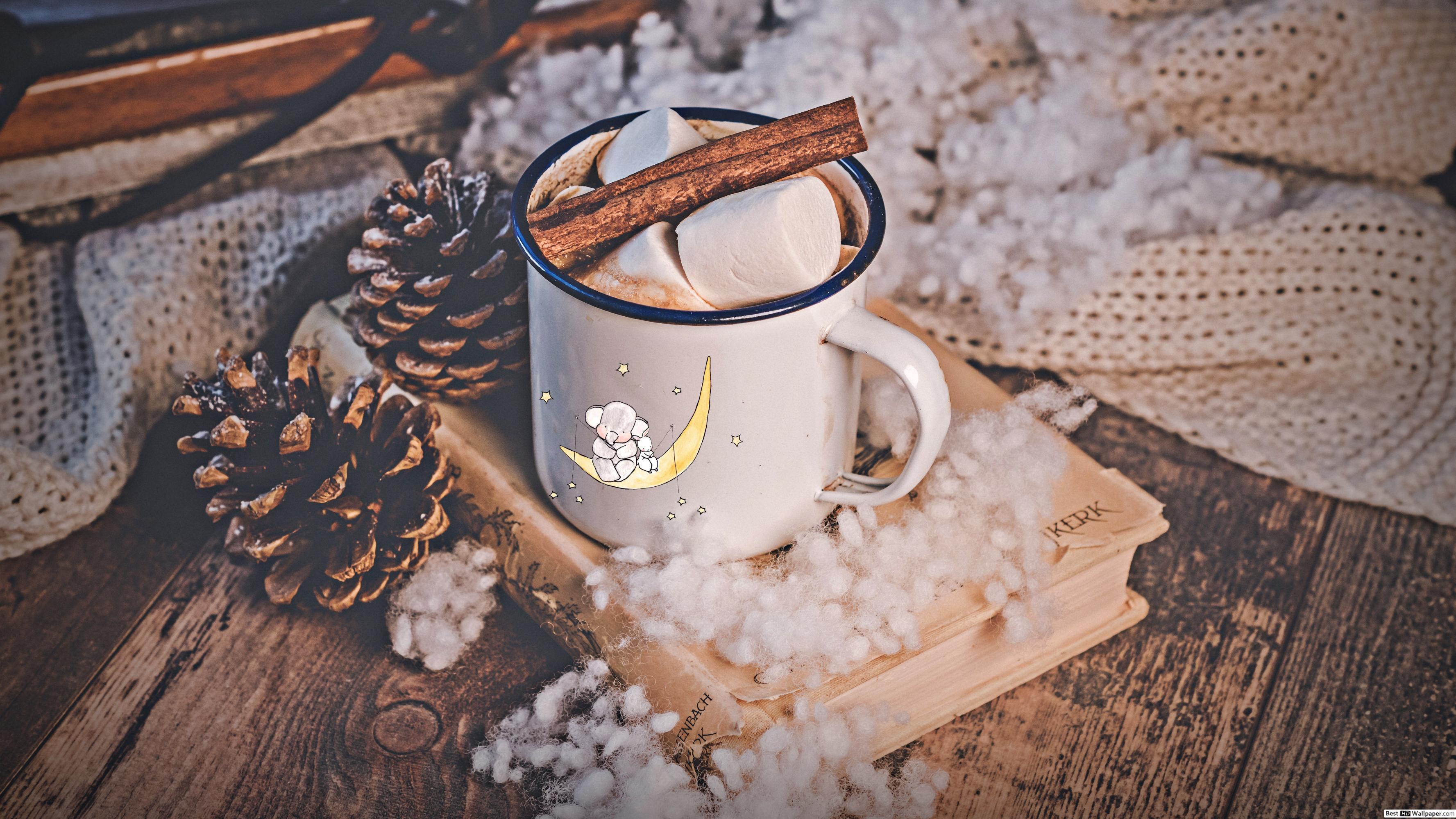 Warm hot Choco with cinnamon and Marshmallow in a white cup aesthetic wallp...