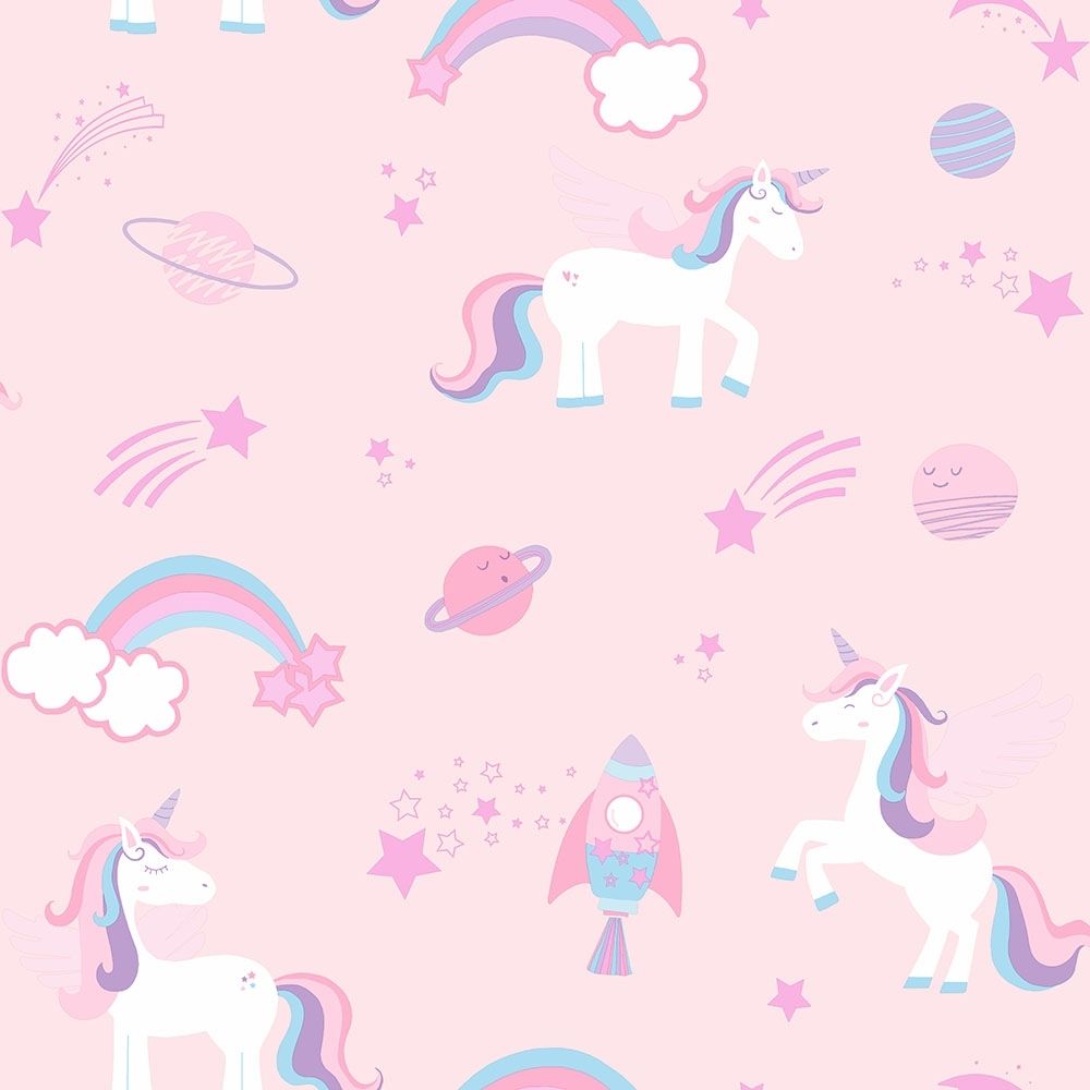 I Love Wallpaper Space Unicorn Childrens Glitter Wallpaper Pink