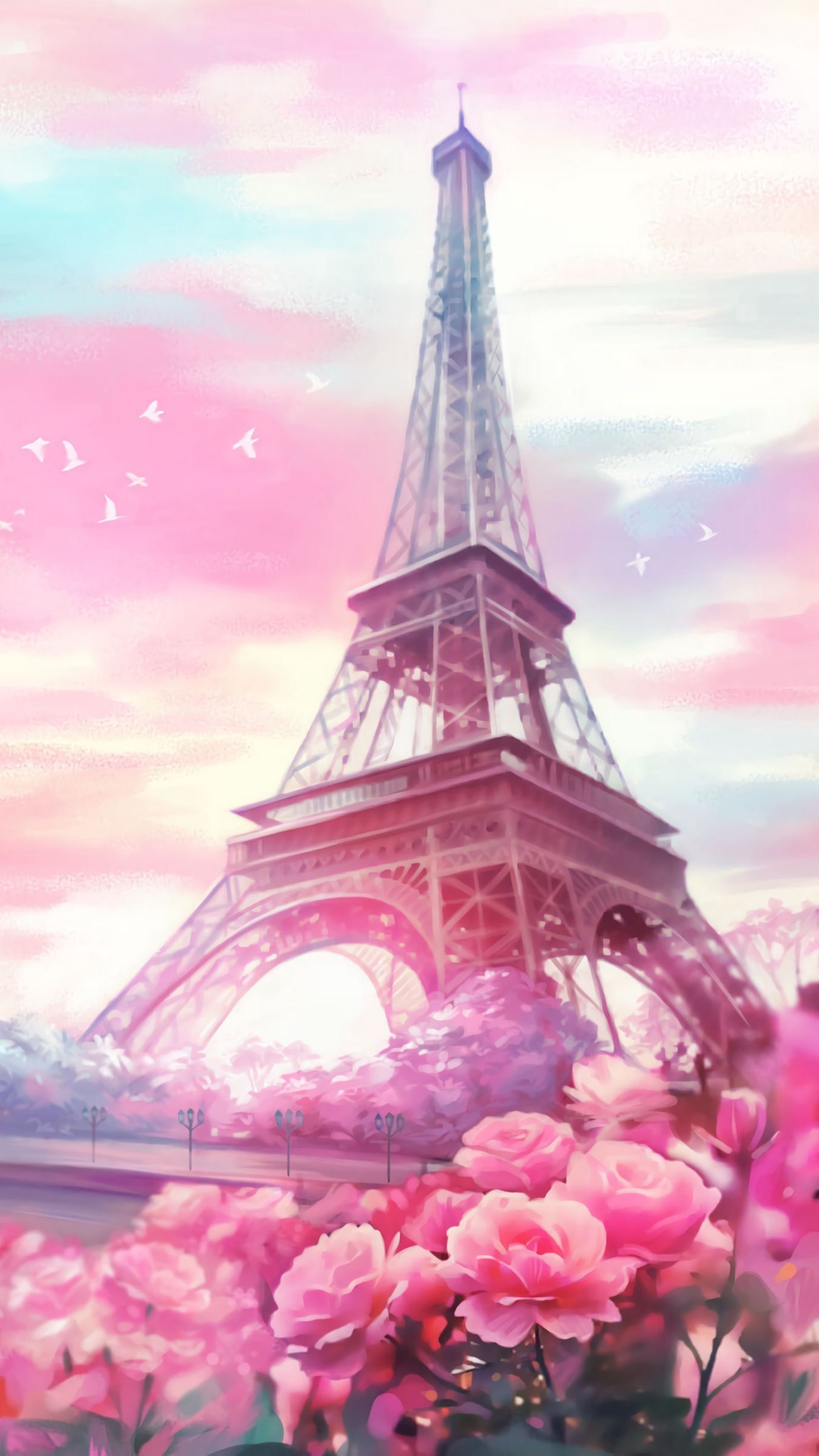 Download wallpaper 1350x2400 paris, flowers, tower, art iphone 8+/7+/6s+/for parallax HD background