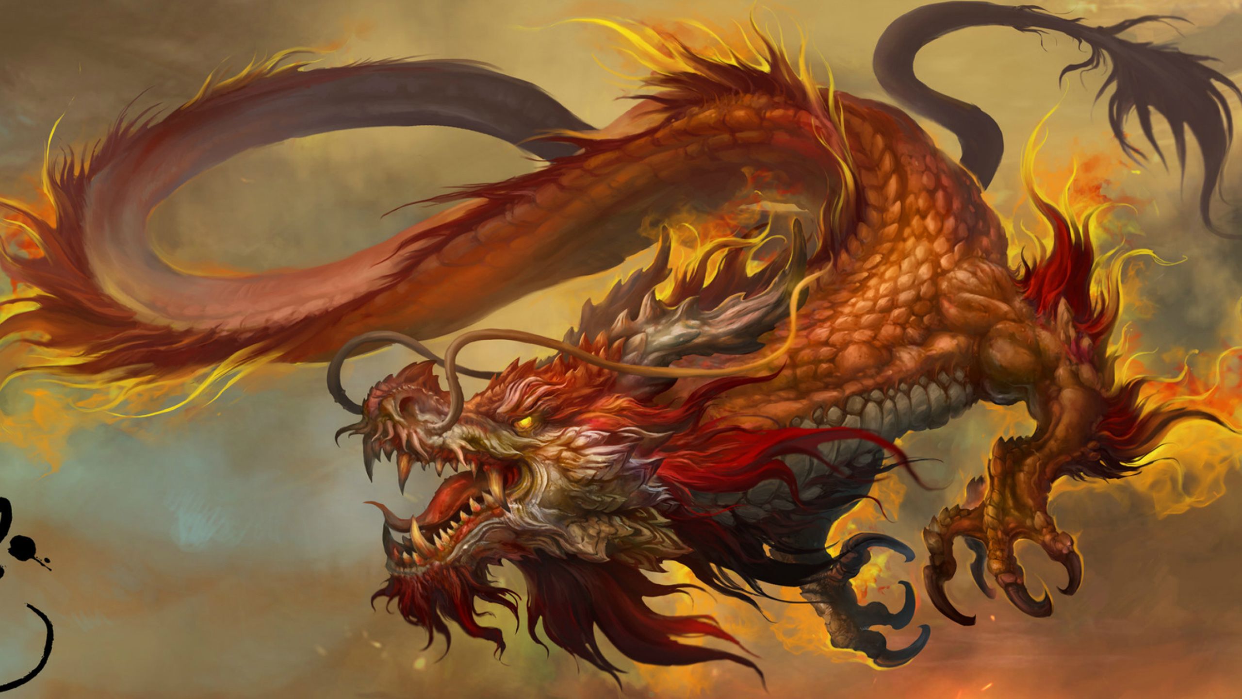 Fantasy Red And Yellow Dragon Is Flying Near Sky HD Dreamy Wallpaper
