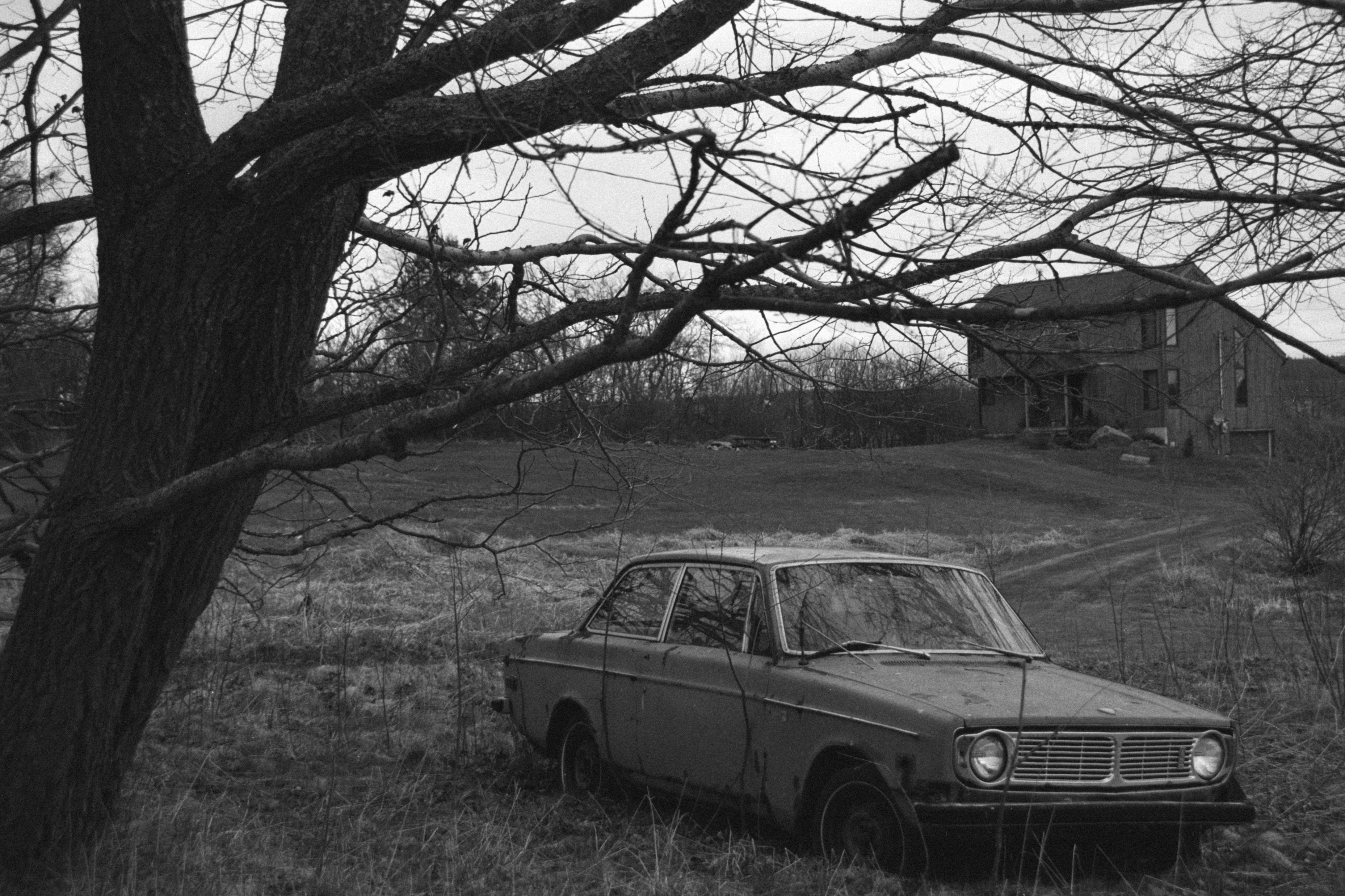 Wallpaper, house, Volvo, Vintage car, 35MM, Sedan, tree, wheel, analog, film, auto, automobile, classic, snapshot, black and white, monochrome photography, woody plant, automotive exterior, family car, compact car, motor vehicle, newbrunswick