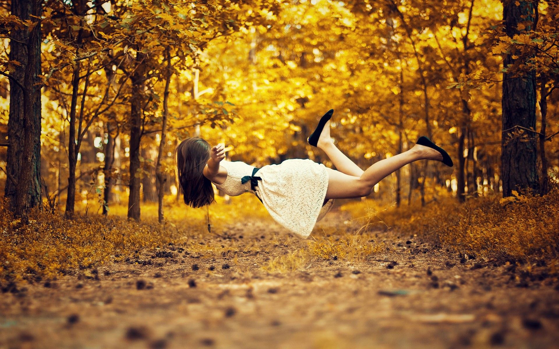 fall, women outdoors, floating, brunette, trees, path wallpaper