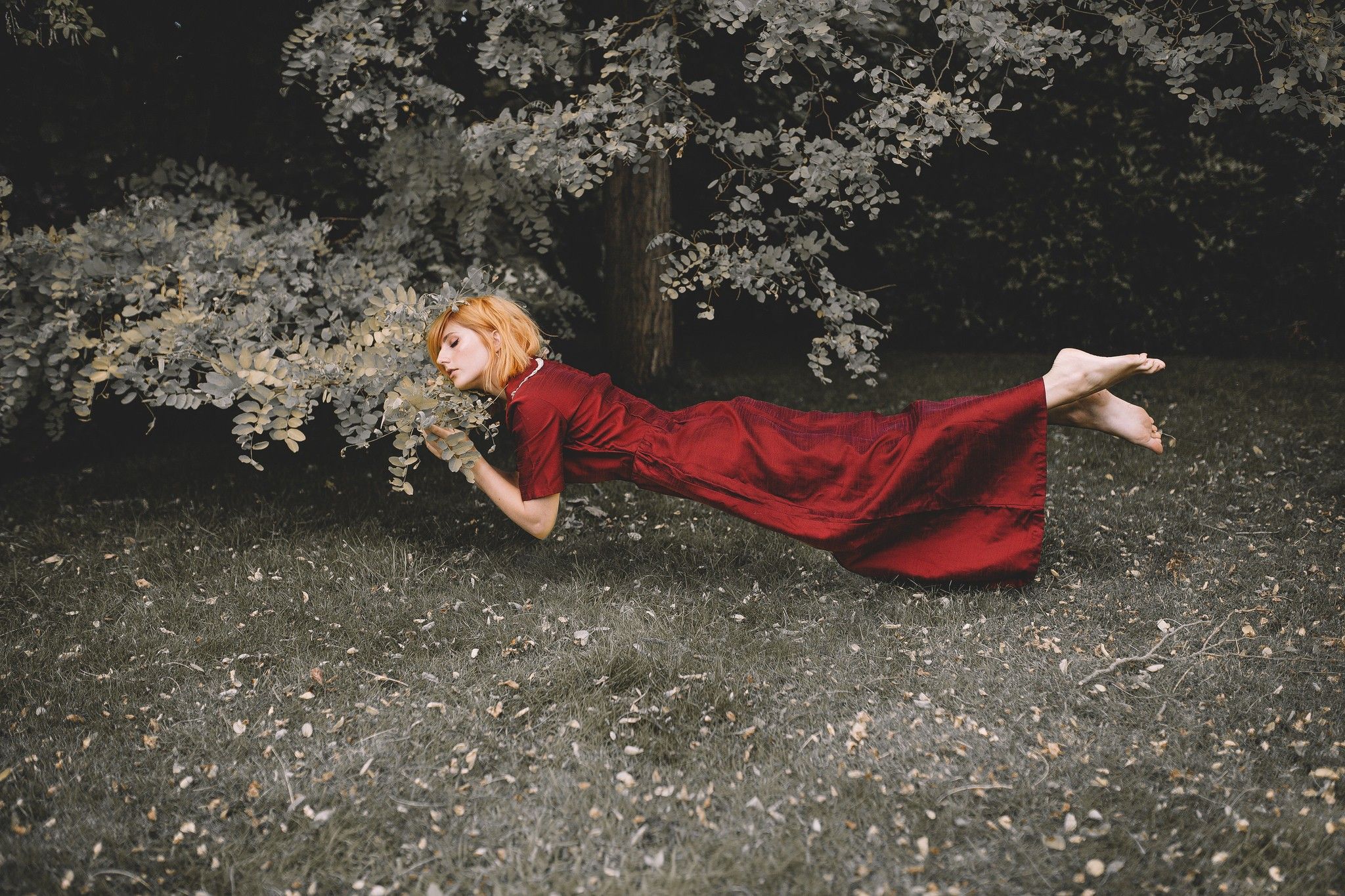 Women Red Dress Barefoot Women Outdoors Floating Photo Manipulation Redhead Closed Eyes Wallpaper:2048x1365