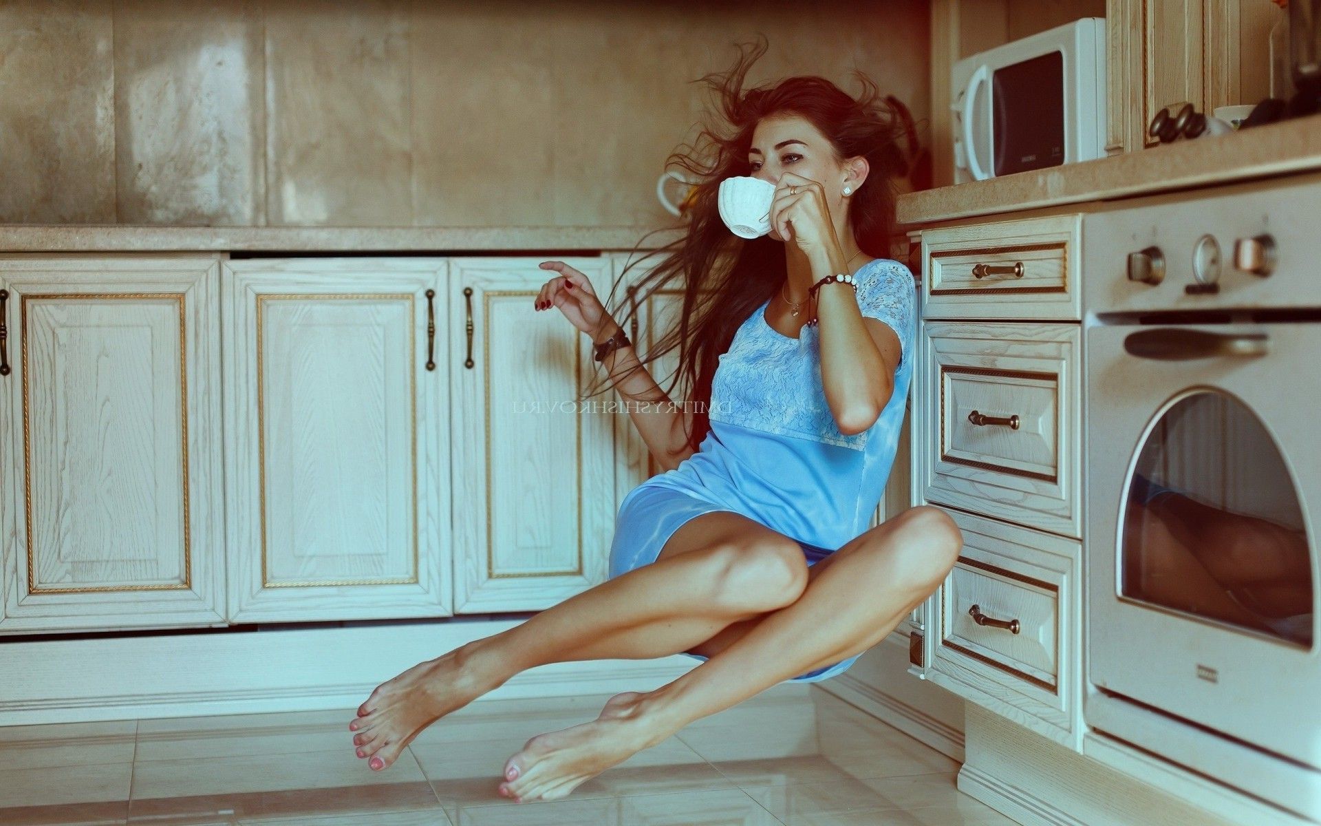 floating, Ovens, Women, Barefoot, Cup, Nighties, Bracelets, Brunette Wallpaper HD / Desktop and Mobile Background