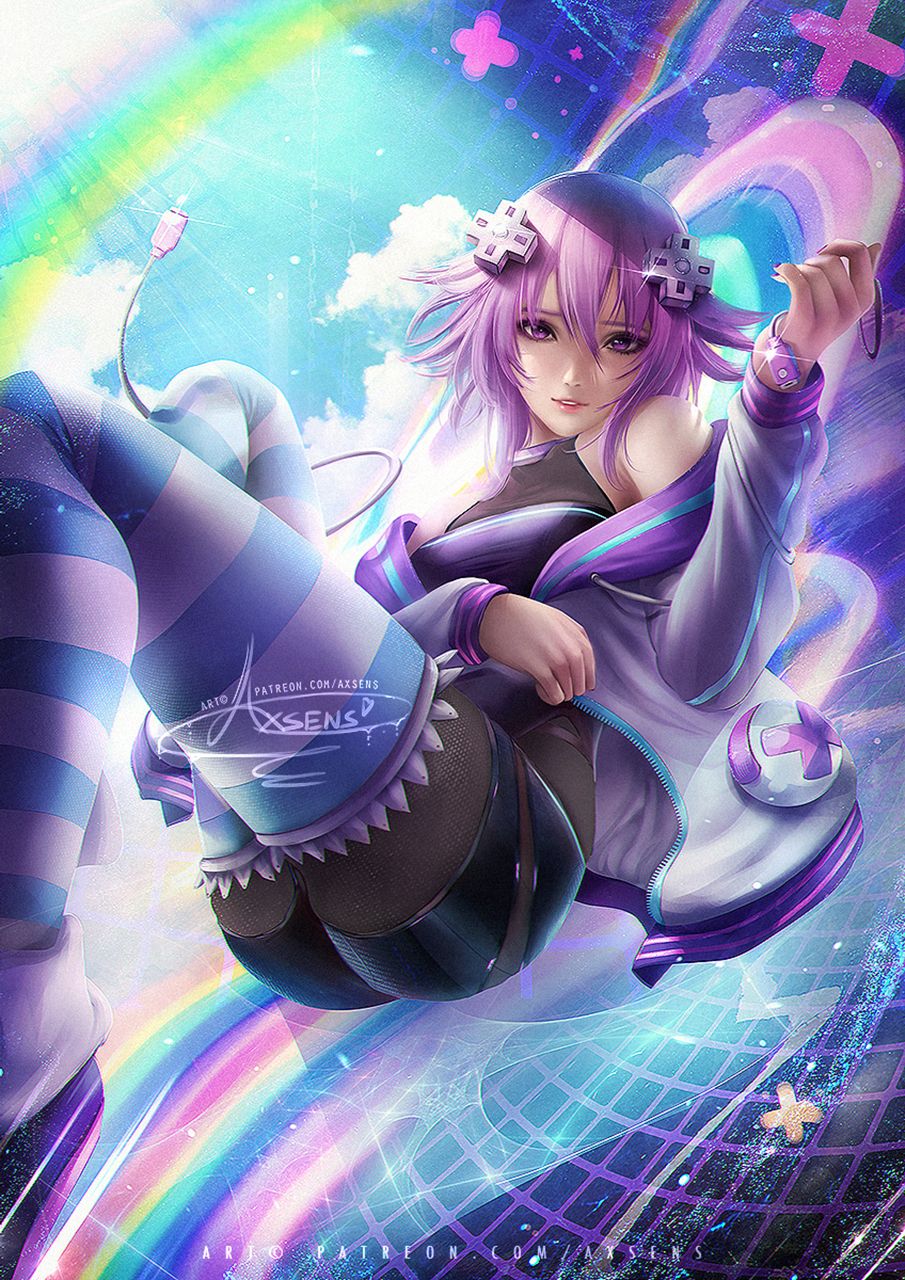 Wallpaper, axsens, drawing, women, Hyperdimension Neptunia, Neptune Hyperdimension Neptunia, purple hair, short hair, hair accessories, looking at viewer, purple clothing, coats, stripes, smiling, rainbows, glowing, floating 905x1280