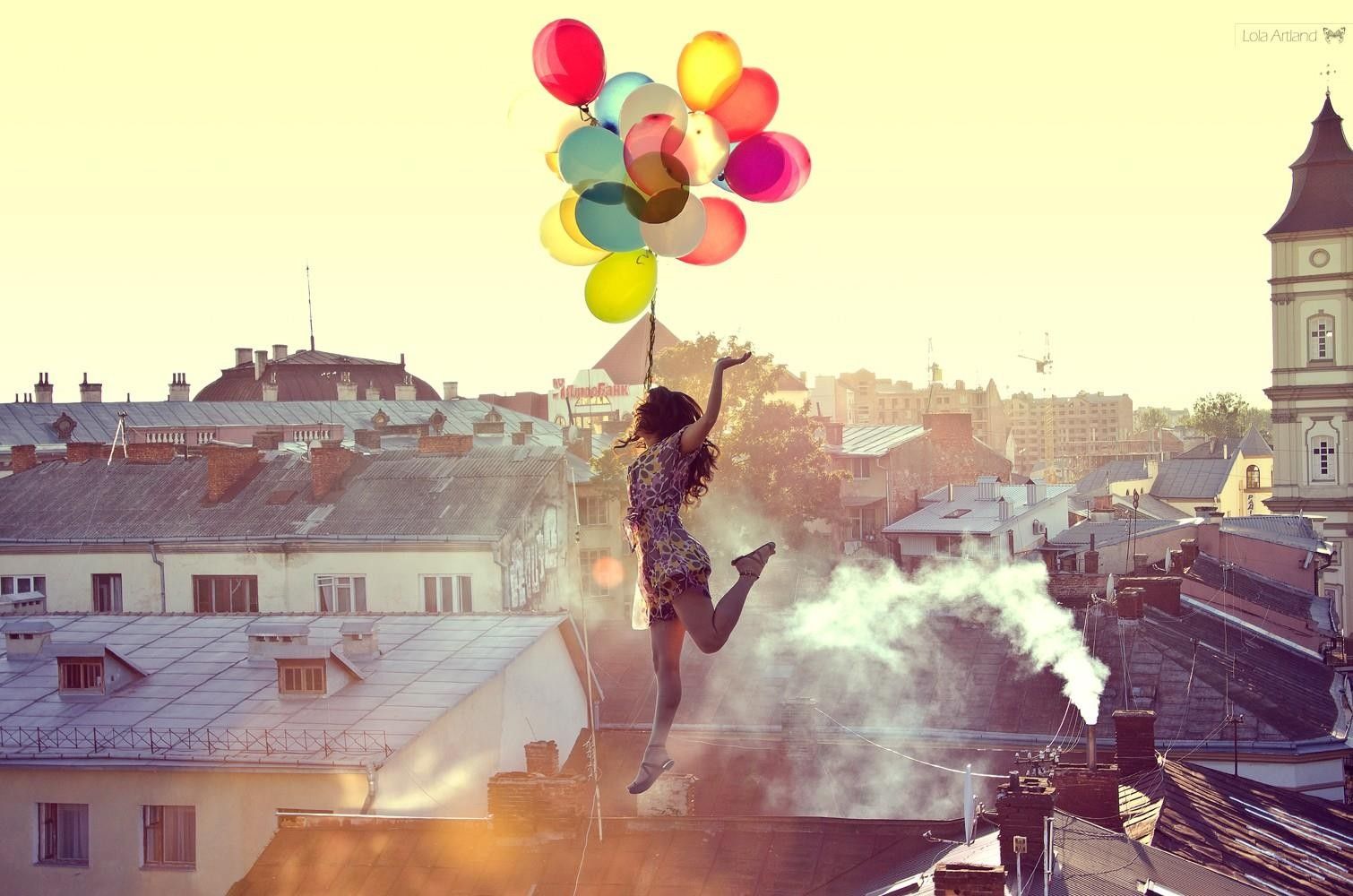 women, floating, smoke, dreams, rooftops, balloons, cities wallpaper