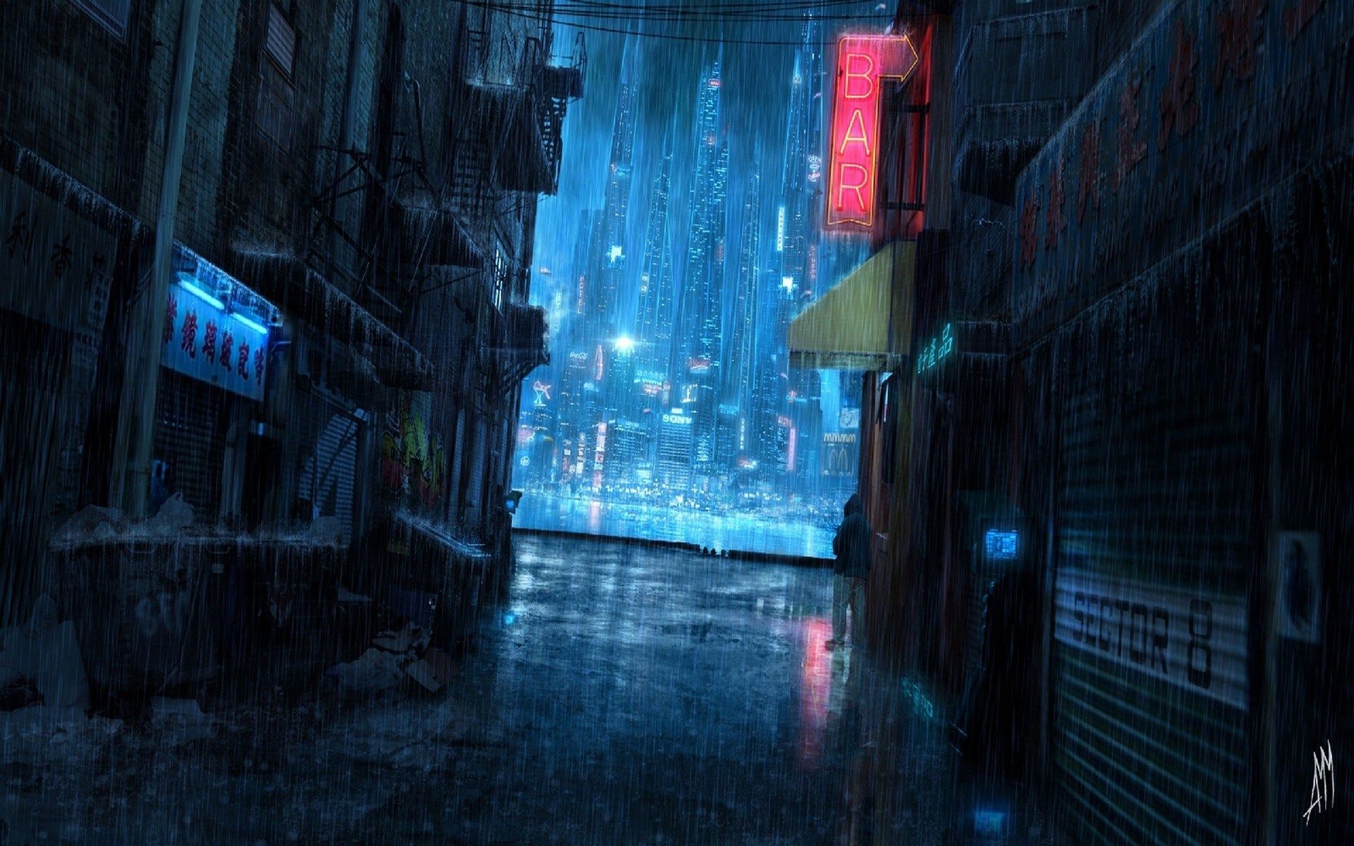 A back alley in a cyberpunk world. 1920 × 1200