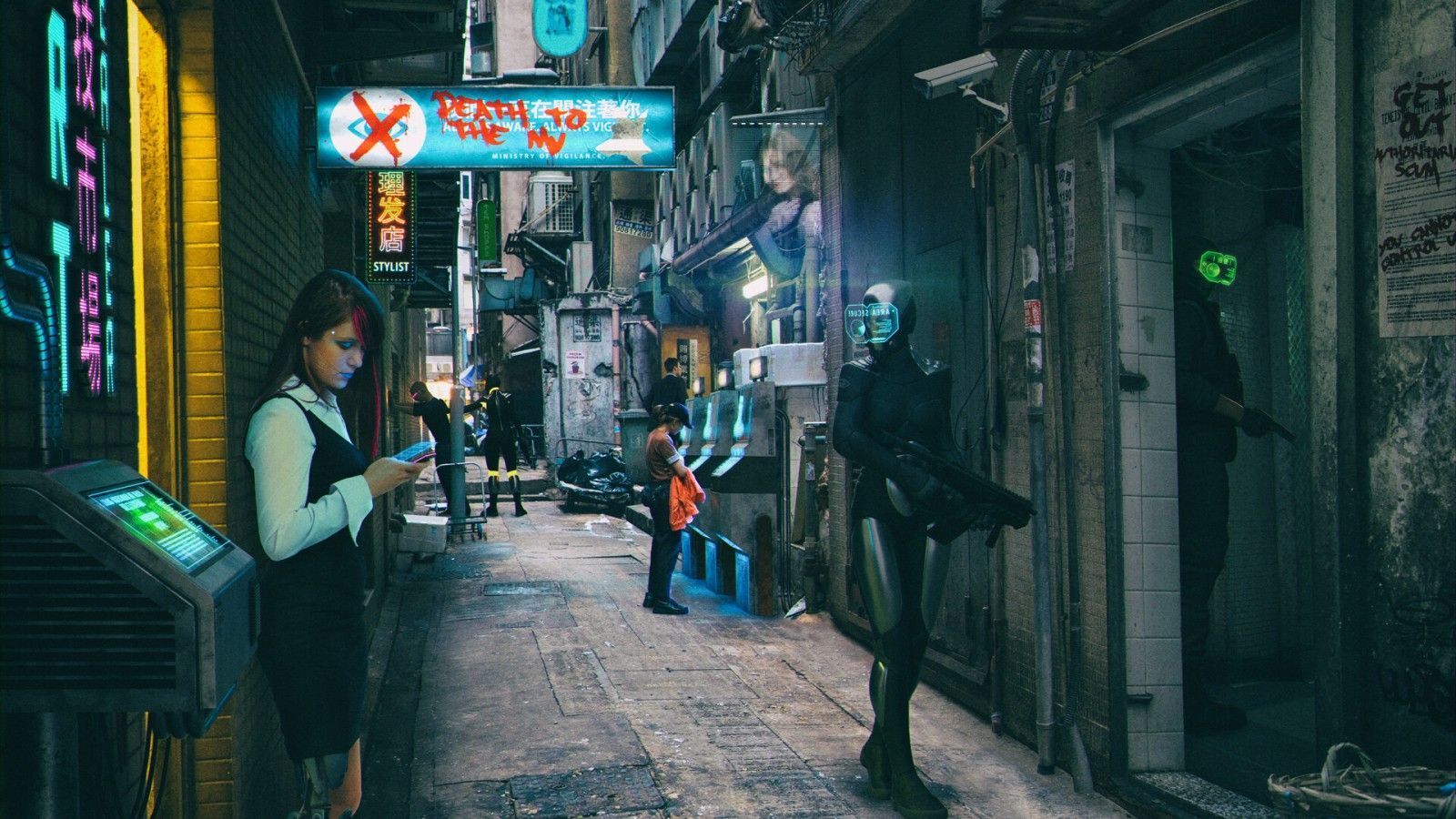 Wallpaper, people, cyberpunk, futuristic, city, alleyway, phone, neon glow, weapon, gun 1920x1080