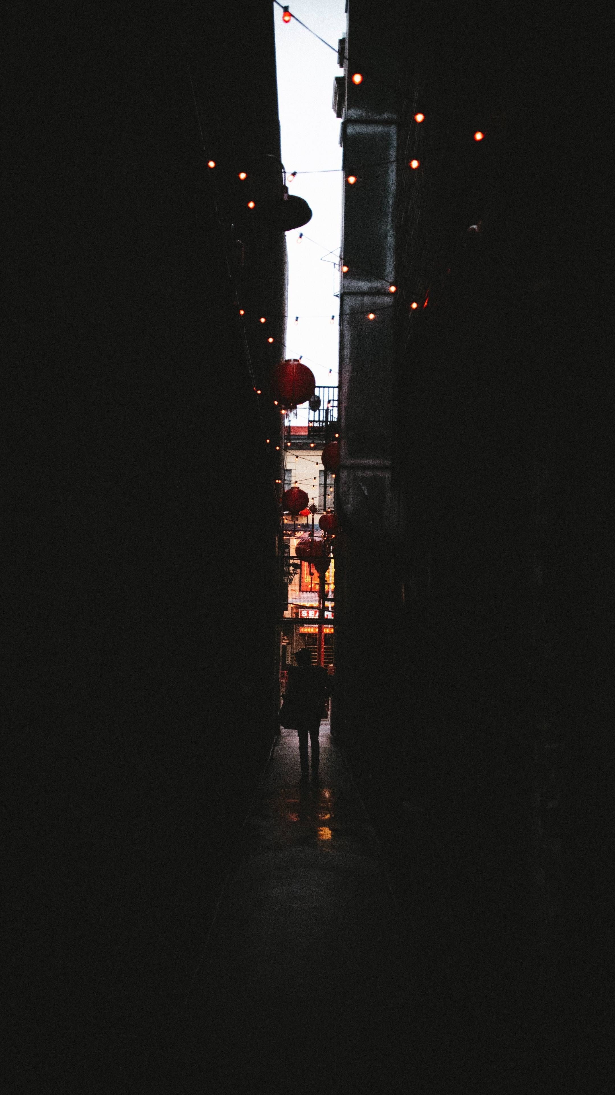 Download iPhone Xs, iPhone Xs Max, iPhone XR HD wallpaper alleyway, dark, silhouette, garland, lanterns. Black wallpaper iphone, Wallpaper, Black wallpaper