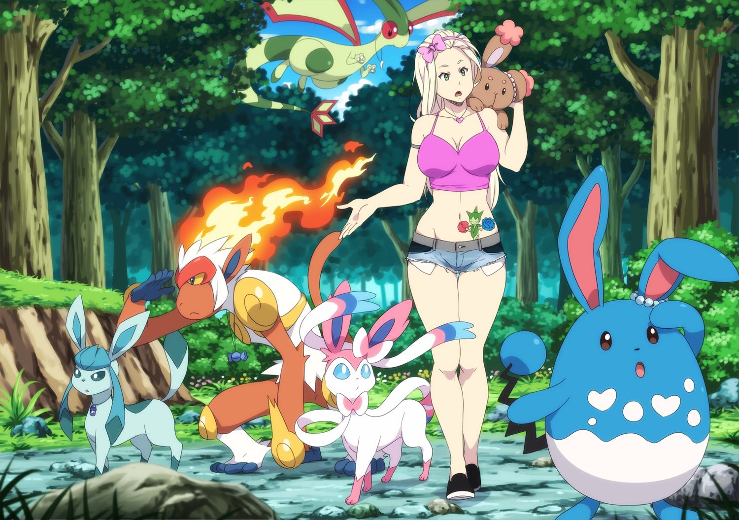 Wallpaper, 1500x1055 px, blonde, Buneary, eyes, flygon, Glaceon, green, hair, Infernape, necklace, pokemon, Roserade, shorts, tagme 1500x1055