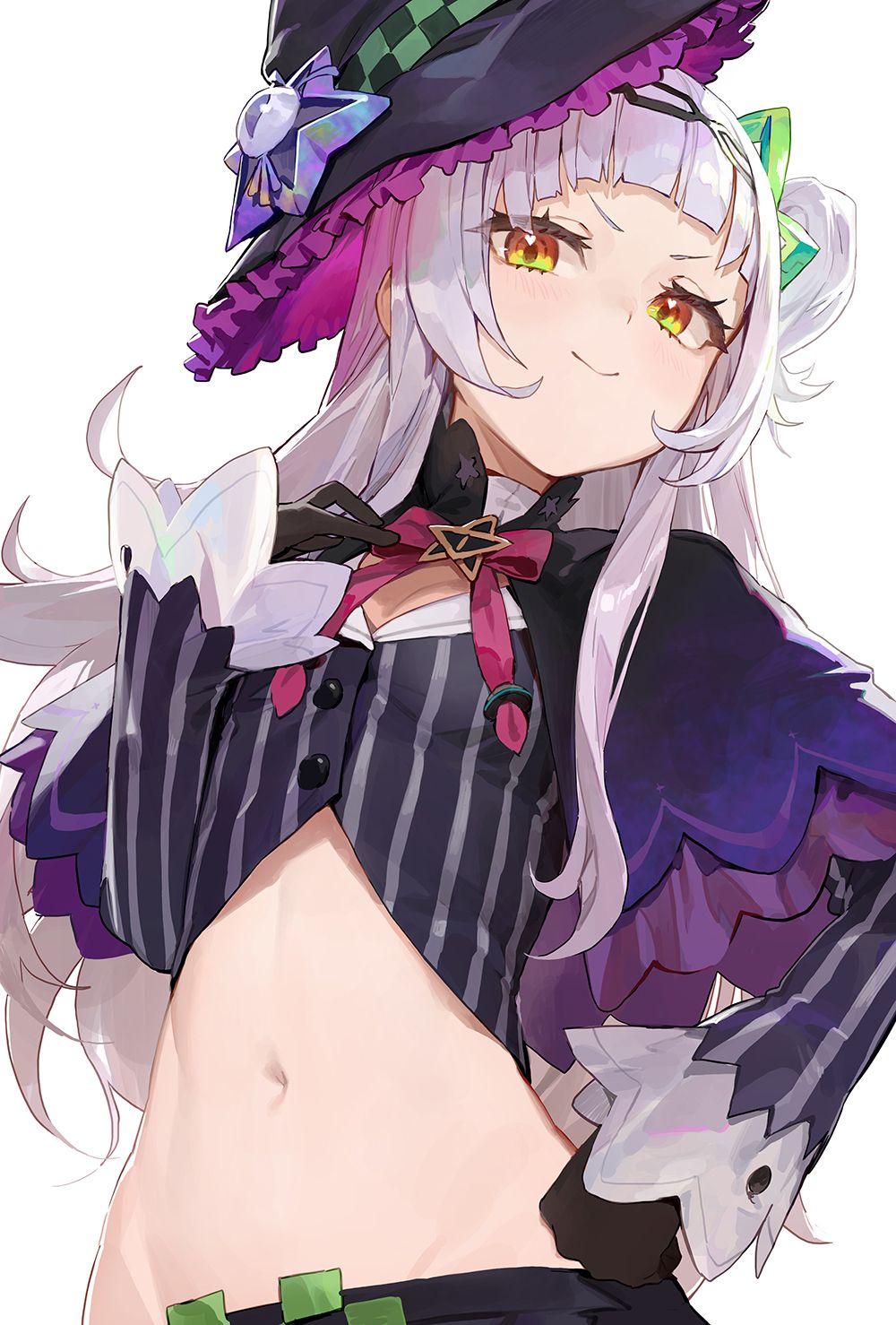 Murasaki Shion, Mossi (artist), belly, small boobs, anime, anime girls, digital art, artwork, 2D, portrait display, vertical, Hololive, Virtual Youtuber, smiling, yellow eyes, silver hair, witch hat, bare midriffx1478 Wallpaper