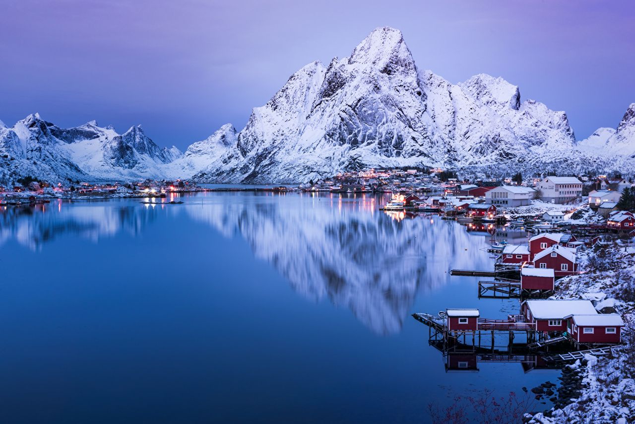 image Norway Reine Winter mountain Lake Snow Evening Cities