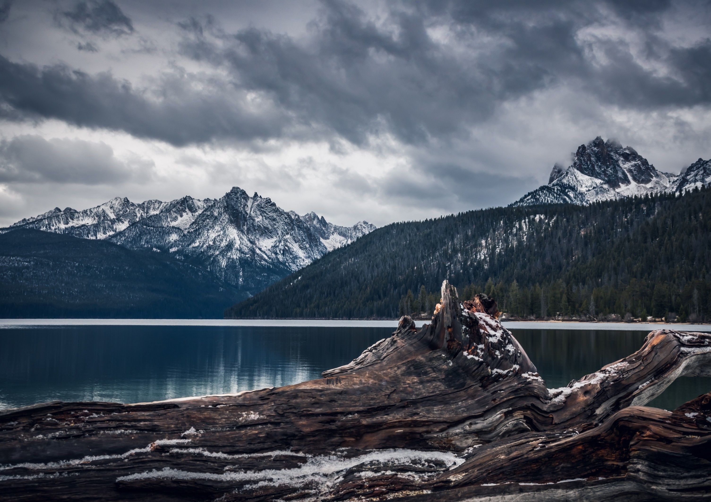 Download 3010x2125 Dark Weather, Mountain, Lake, Dawn, Wood, Winter, Clouds Wallpaper