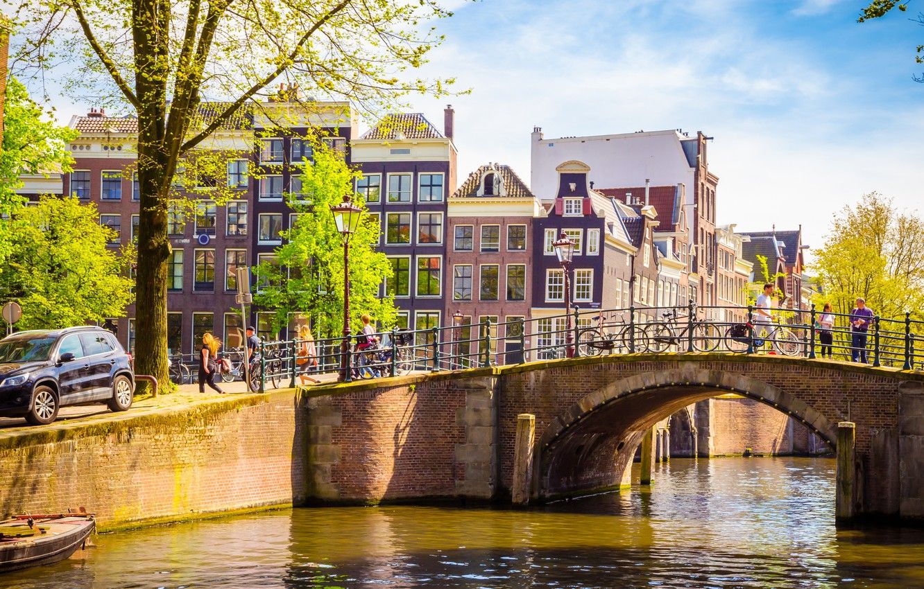 Wallpaper bridge, river, spring, Amsterdam, bridge, Amsterdam, old, spring, buildings, Netherlands, canal image for desktop, section город
