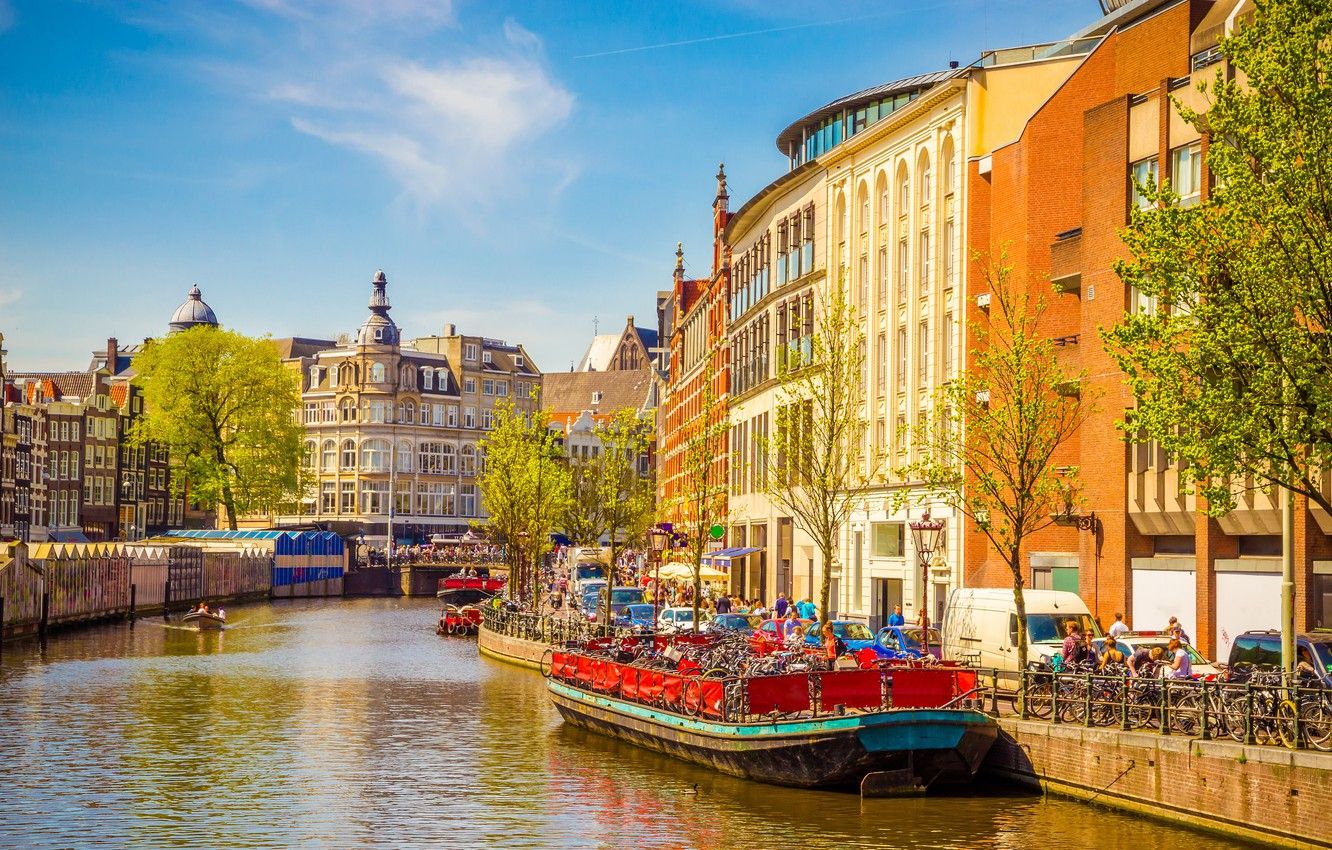 Wallpaper river, spring, boats, Amsterdam, Amsterdam, old, spring, buildings, Netherlands, canal image for desktop, section город