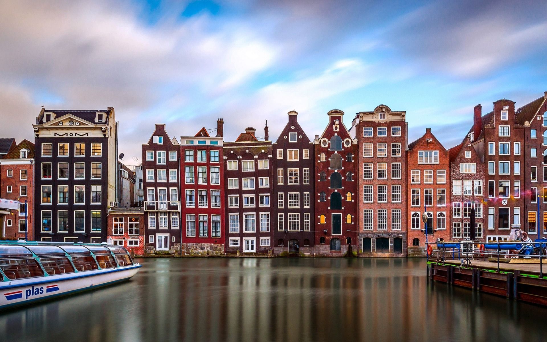 Download wallpaper Amsterdam, houses, spring, canals, motor ships, Netherlands, Holland for desktop with resolution 1920x1200. High Quality HD picture wallpaper