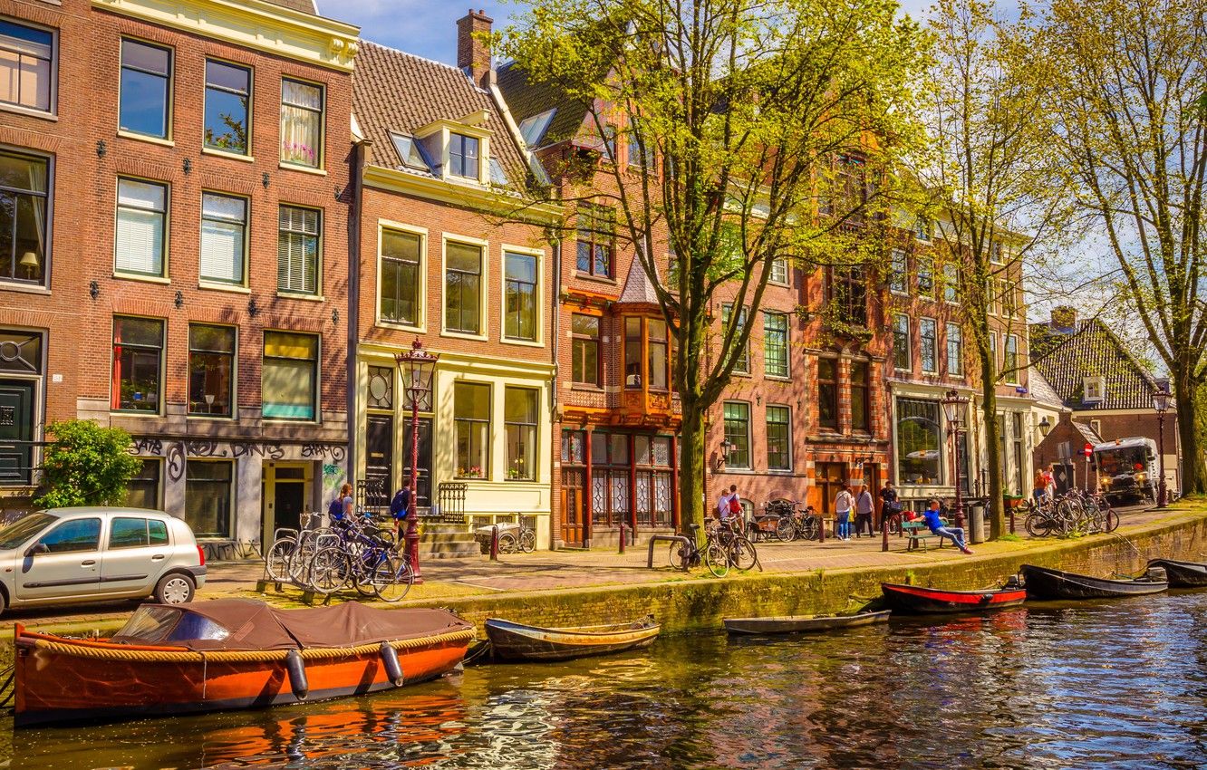 Wallpaper river, spring, boats, Amsterdam, Amsterdam, old, spring, buildings, Netherlands, boat, canal image for desktop, section город