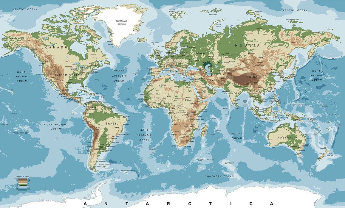World Map with Elevation Tints