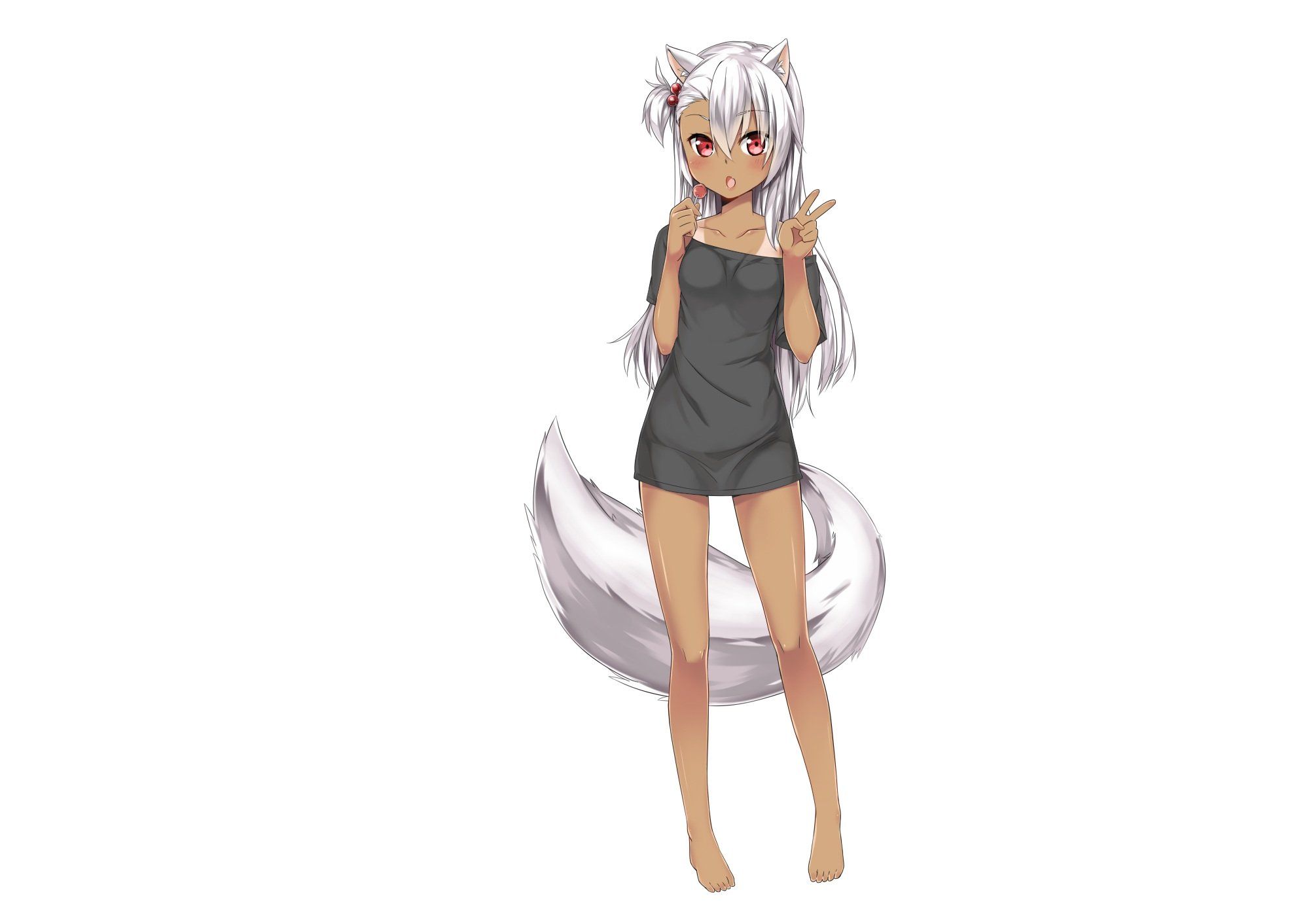 Animal ears barefoot blush candy dark skin fang lollipop long hair original red eyes tail tan lines white white hair wallpaperx1412