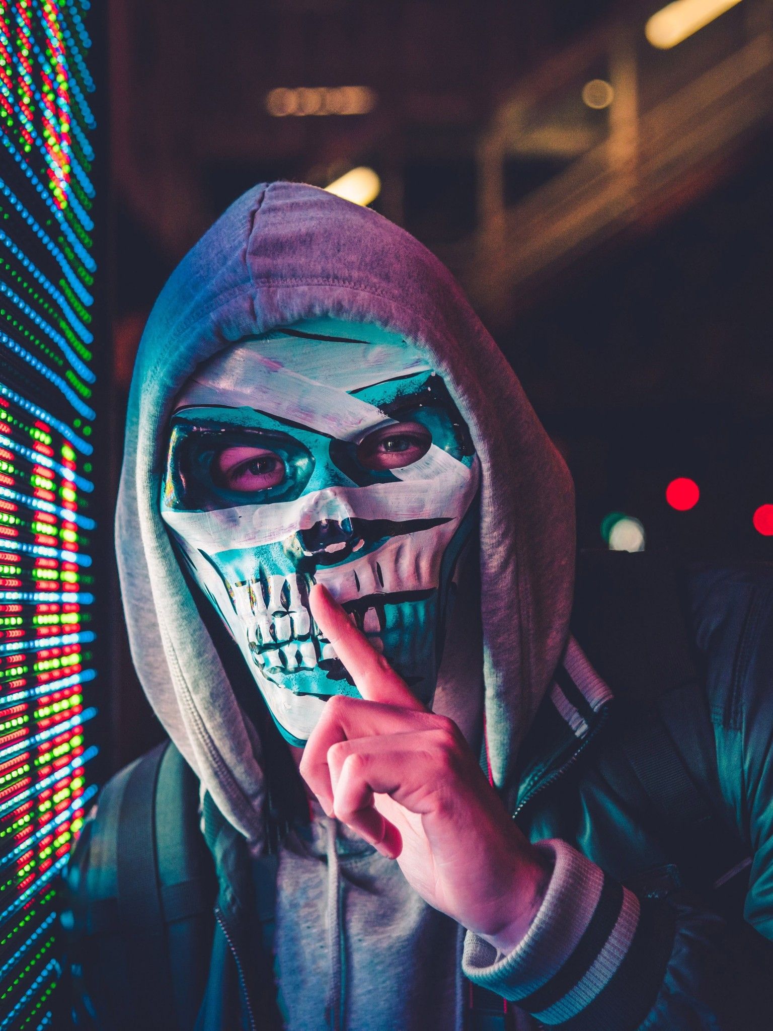 Mask 4K Wallpaper, Hoodie, Person, Scary, LED lighting, 5K, Photography