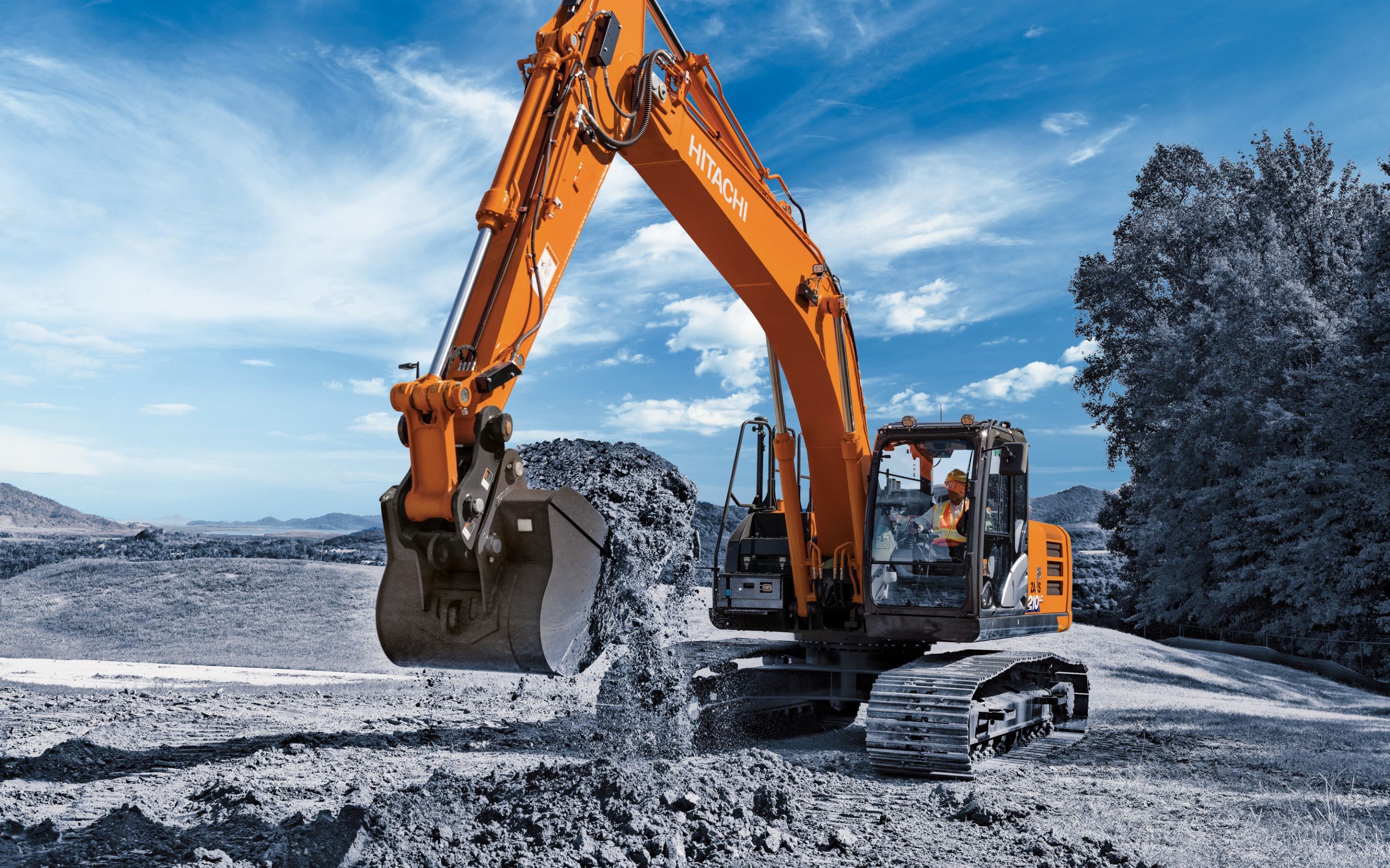 Download wallpaper Hitachi ZX210LC, crawler excavator, construction machinery, road construction, excavators, Hitachi for desktop with resolution 2880x1800. High Quality HD picture wallpaper