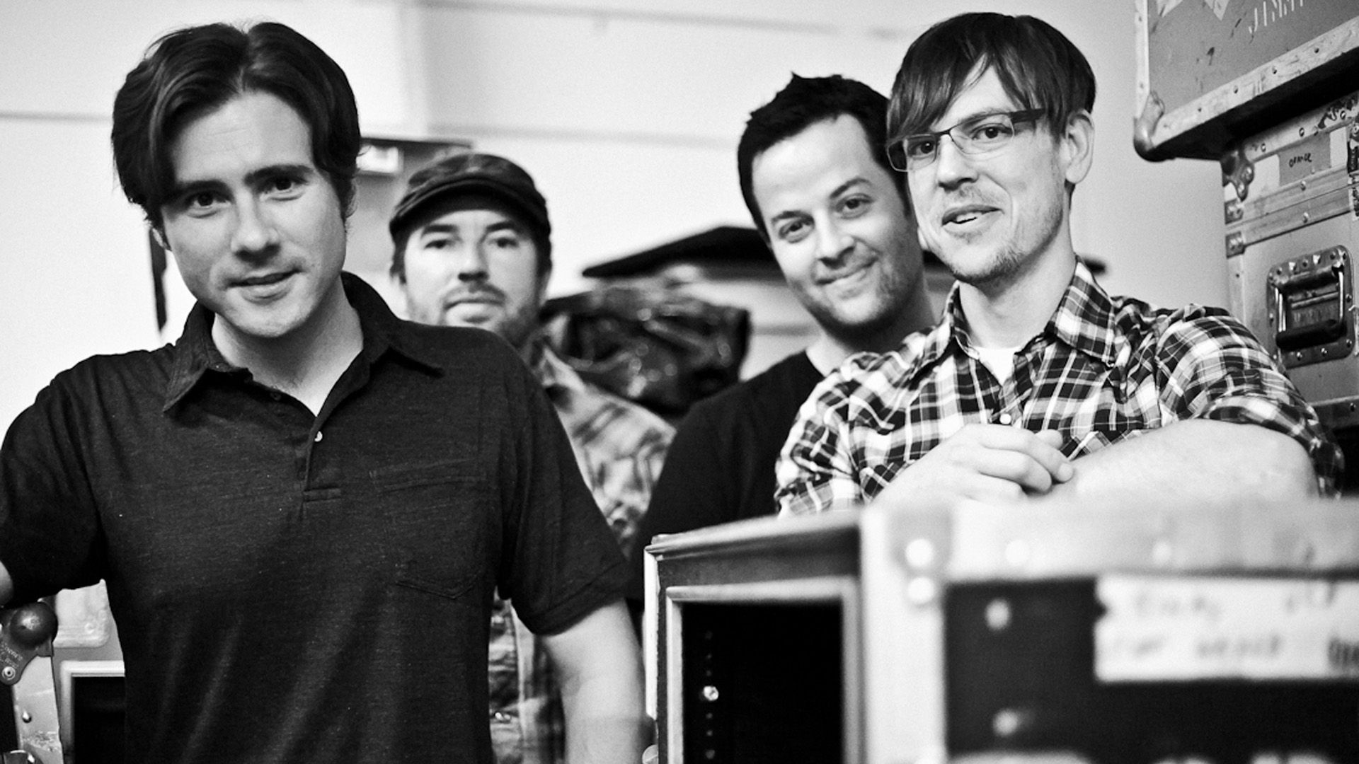Download Wallpaper 1920x1080 jimmy eat world, band, smile, glasses, shirt Full HD 1080p HD Background