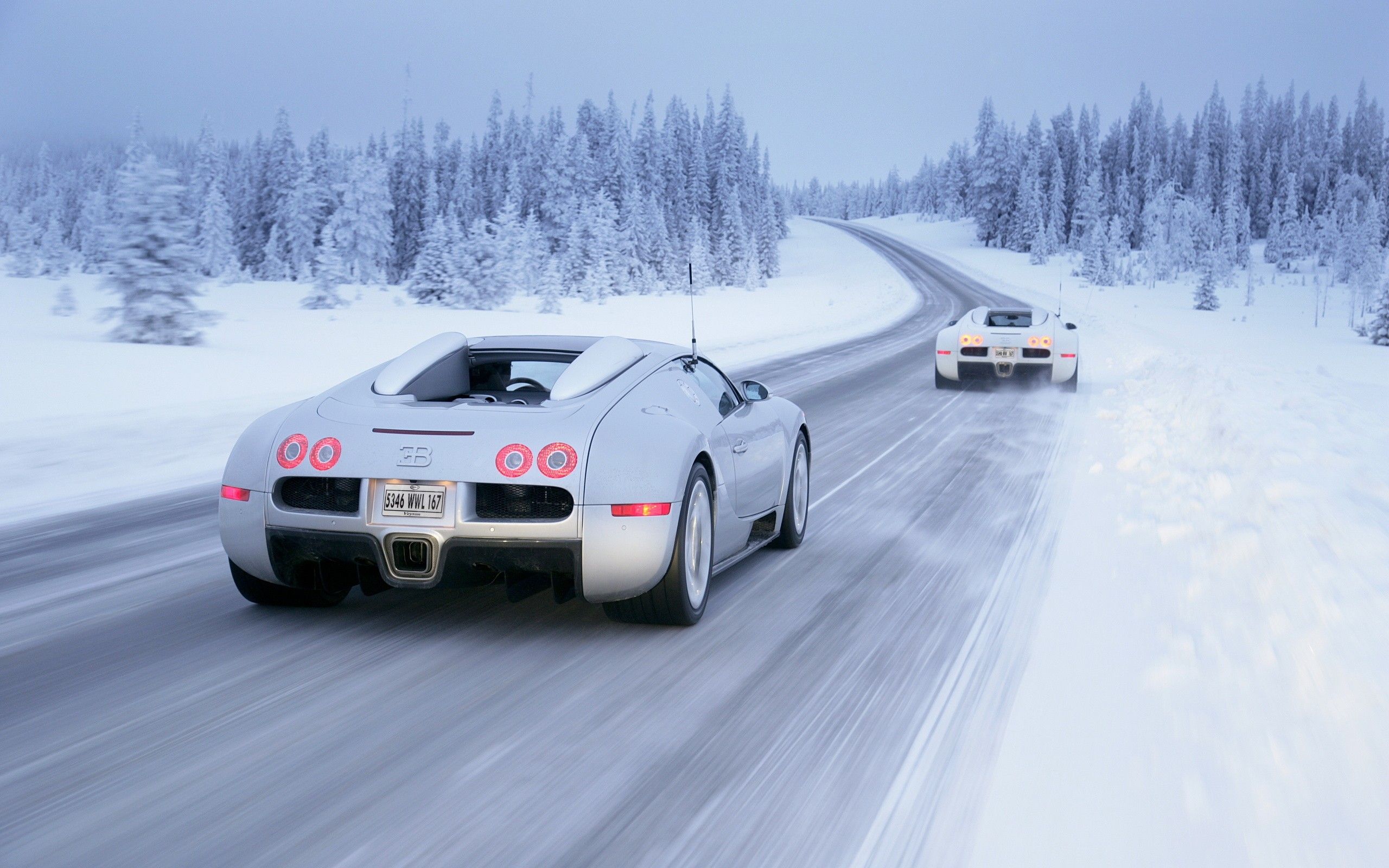 Wallpaper, snow, winter, sports car, Bugatti Veyron, performance car, supercar, land vehicle, automotive design, race car, automobile make, luxury vehicle 2560x1600