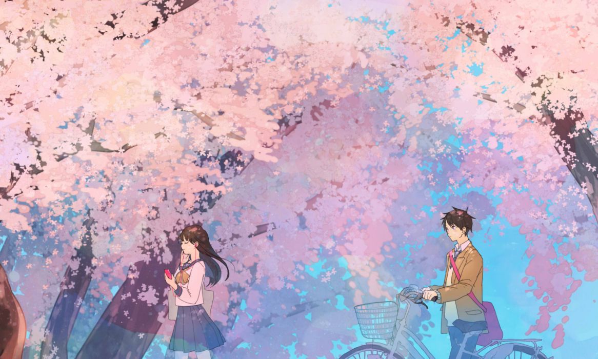 Spring girls trees manga men objects nature anime wallpaperx1500
