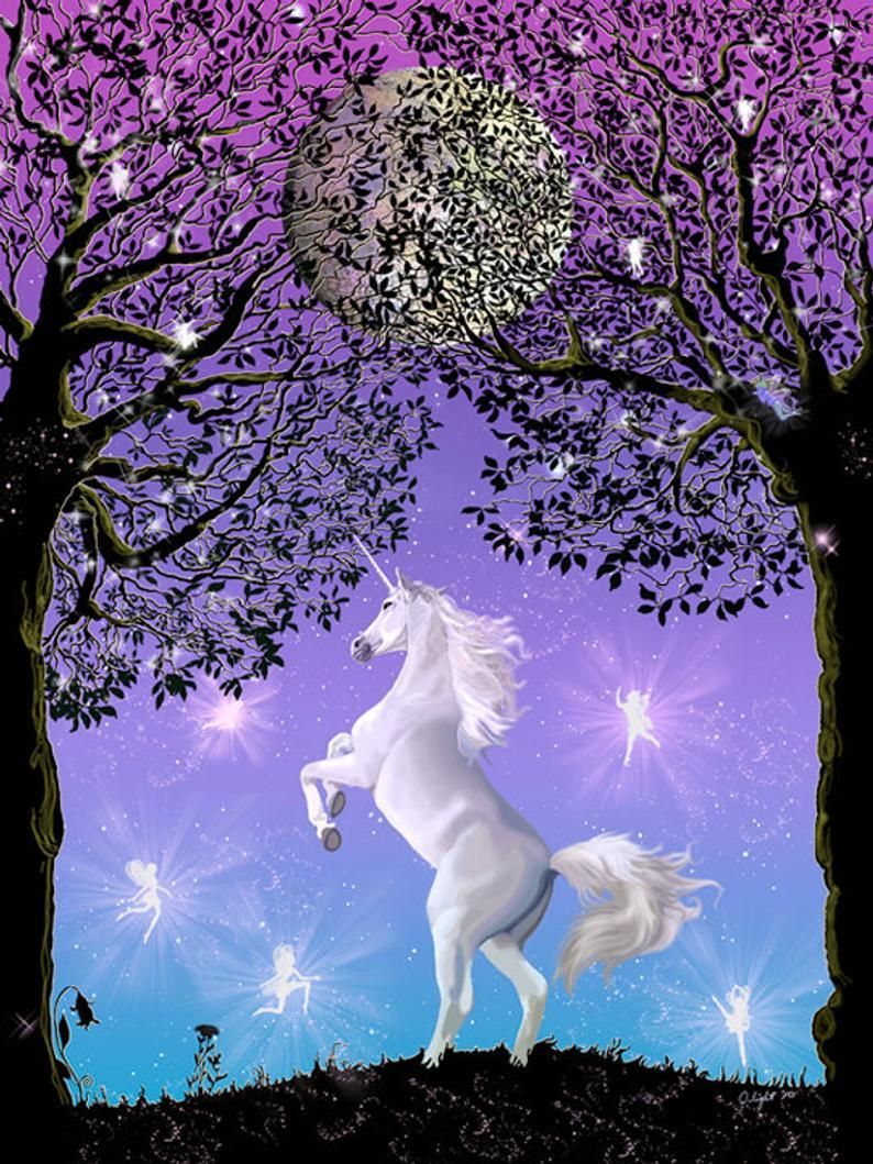 Dancing in the Moonlight 16x20 print double matted limited. Etsy. Unicorn and fairies, Unicorn picture, Unicorn wallpaper