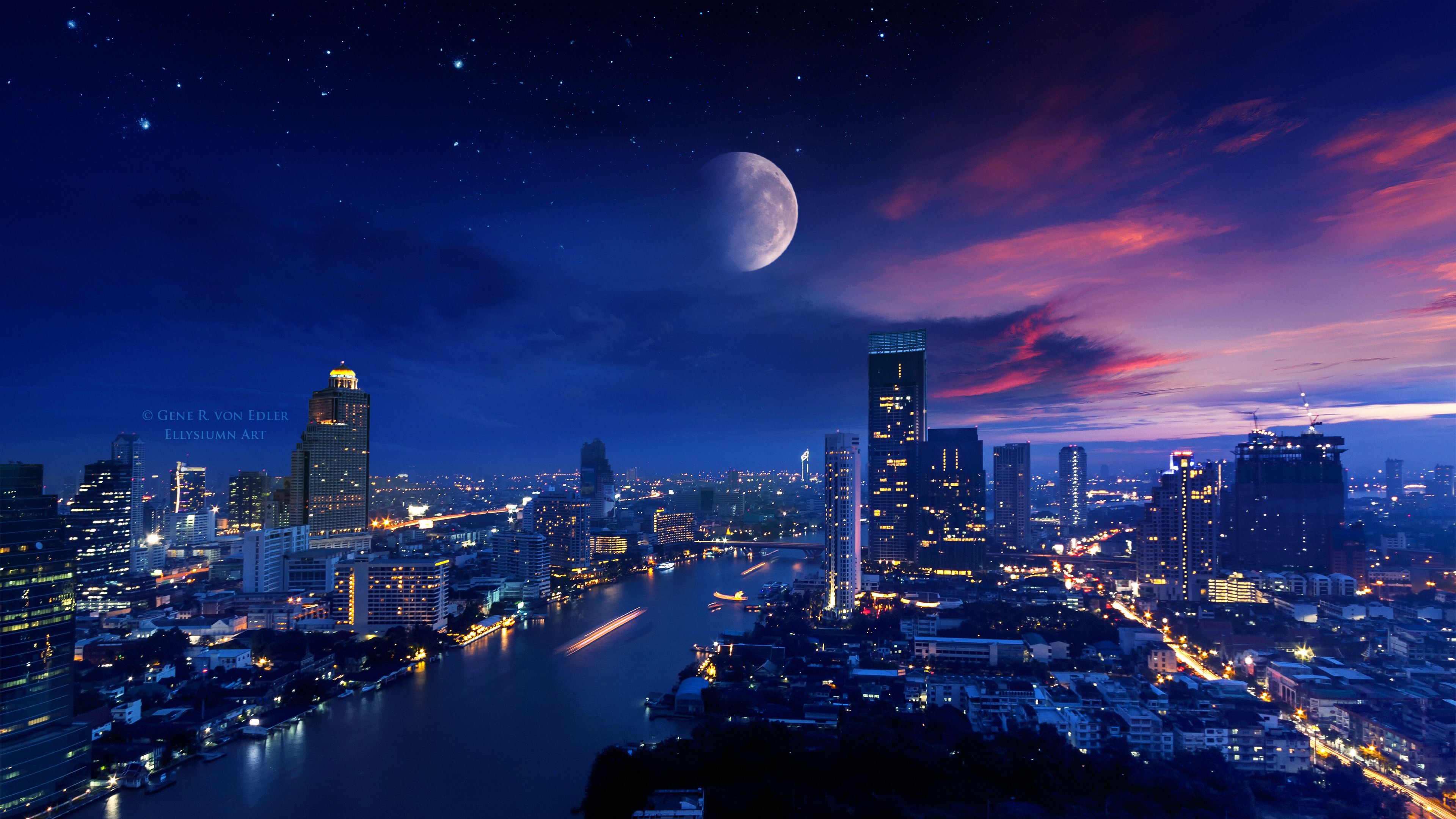 City Lights Moon Vibrant 4k, HD Photography, 4k Wallpaper, Image, Background, Photo and Picture