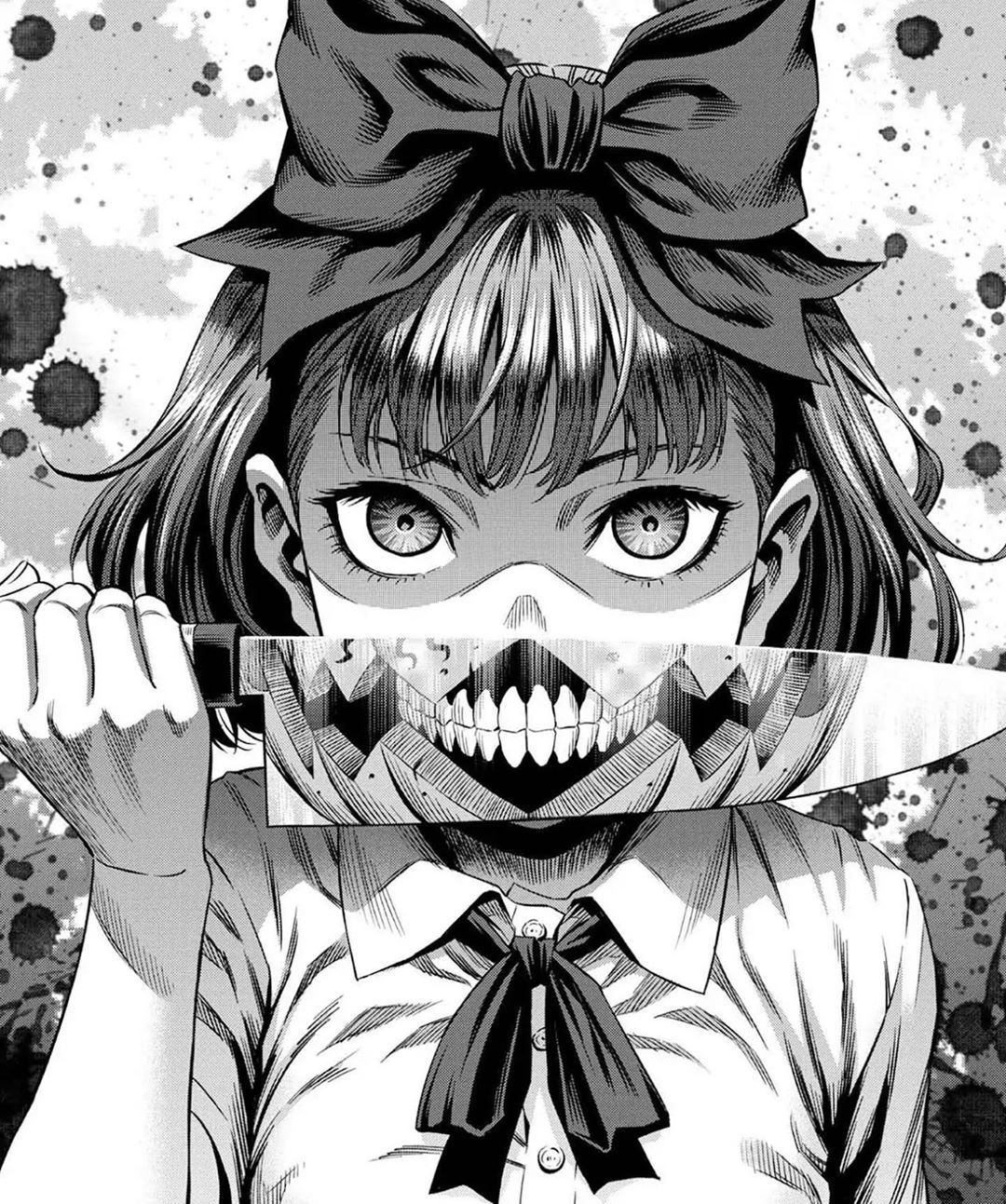 Wallpaper, manga, gore, knife, dark, low saturation, monochrome, black, white, anime girls, Psycho, psychonauts 1080x1293
