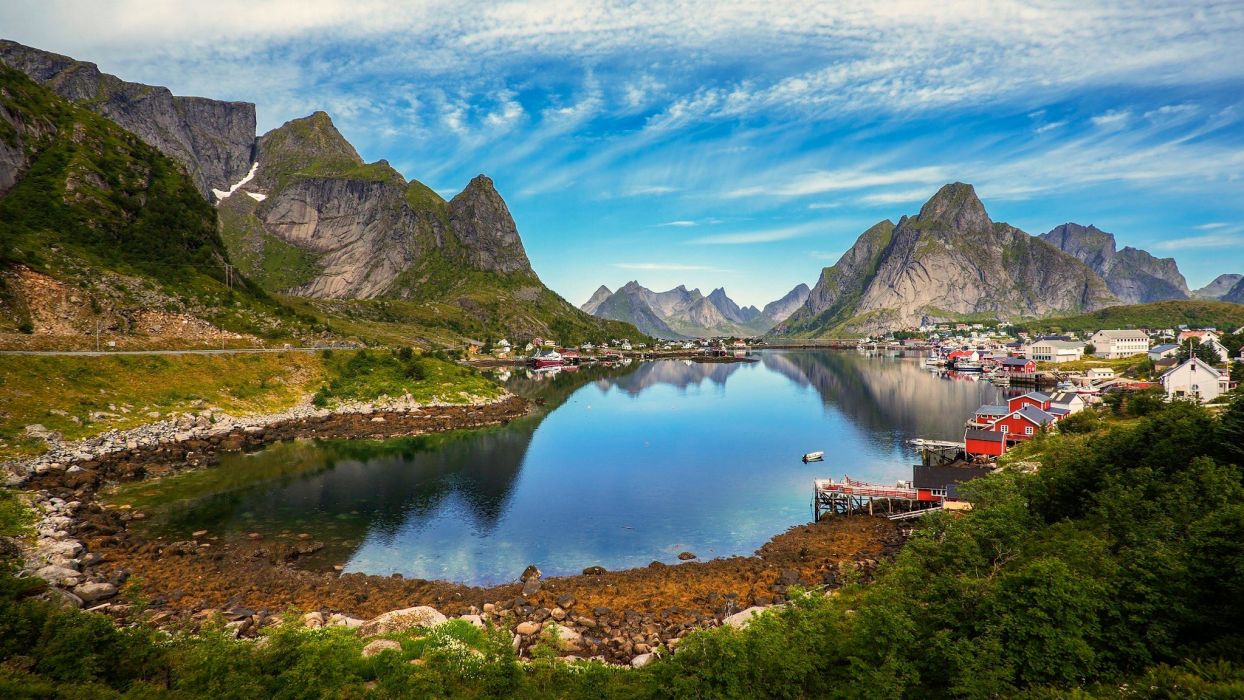 Mountains road grass Norway town dock clouds beautiful water fjord shrubs summer wallpaperx1152