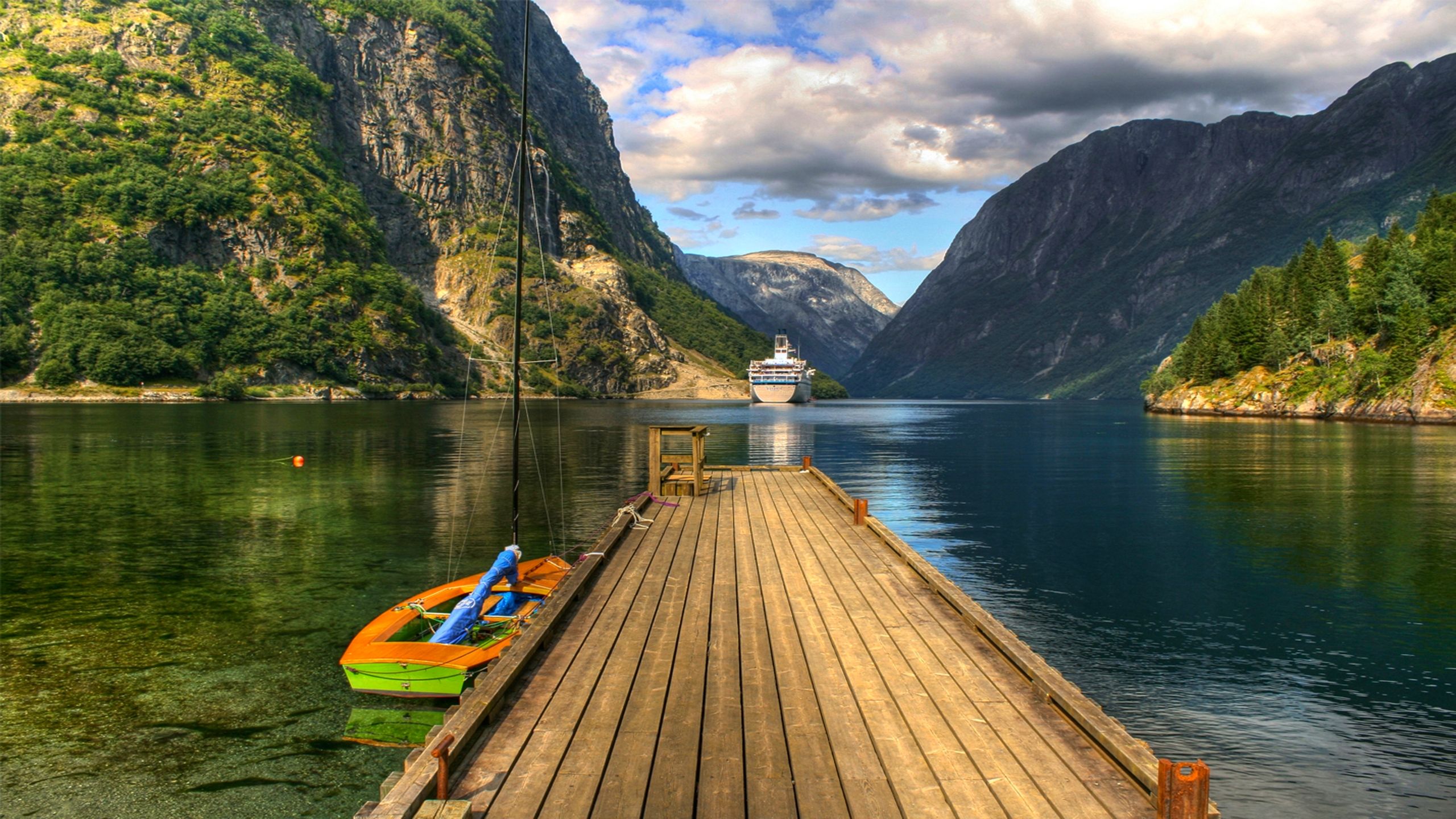 Sailboat, Norway, dock, clouds, mountains, beautiful, water, forest, ship, cliffs, fjords, summer wallpaper