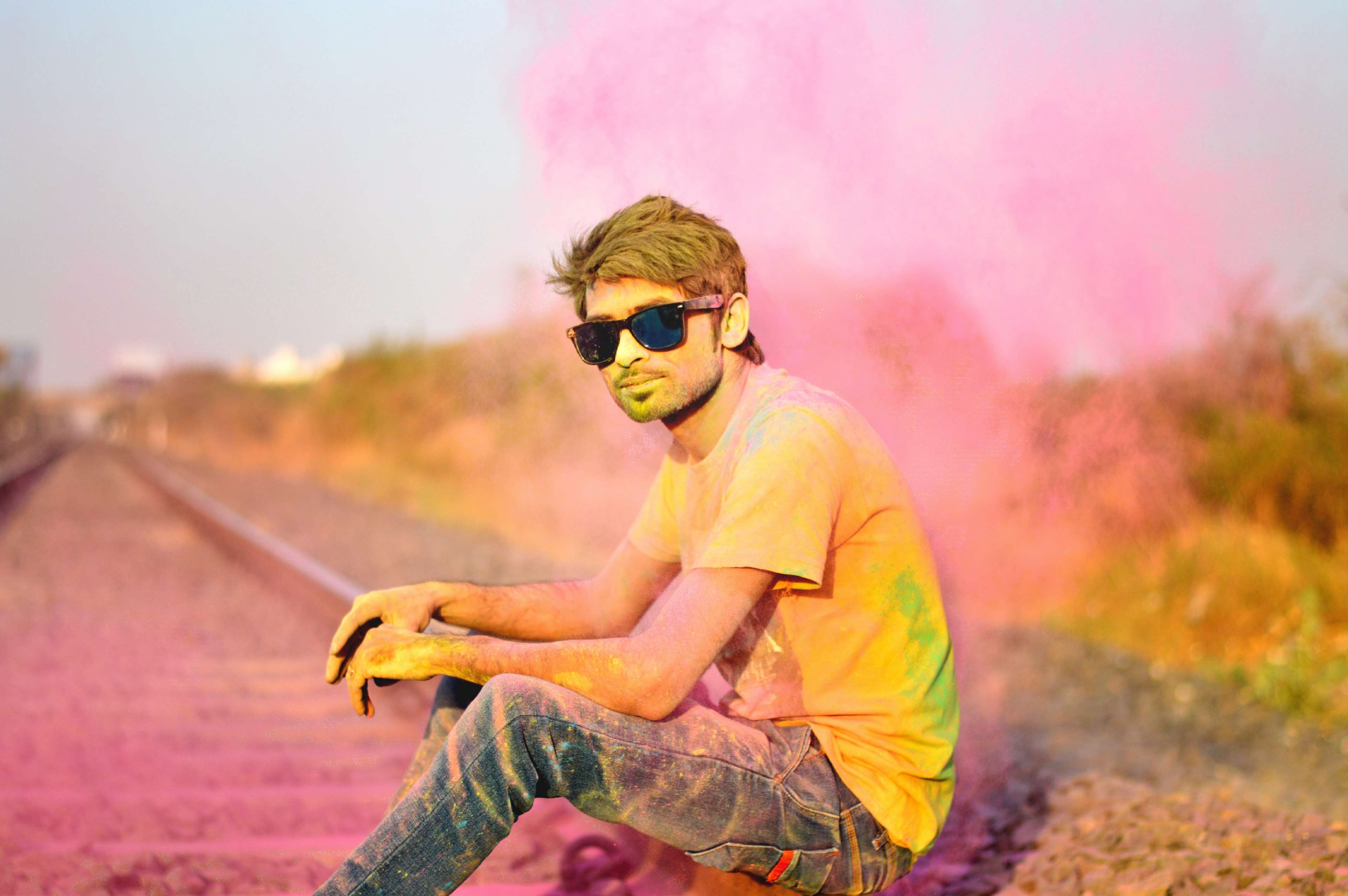 color, colorful, colourful, creative, festival, festive, holi, holi festival, person, pink, railway track 4k wallpaper