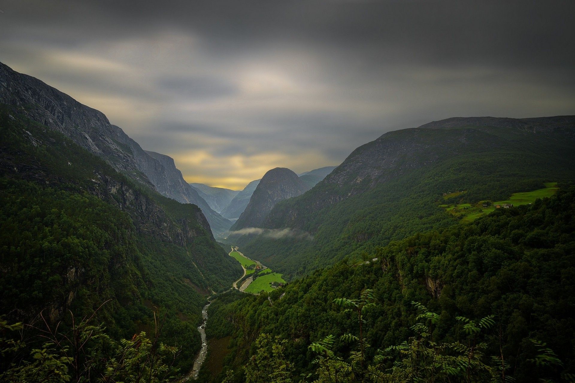 photography landscape nature mountains river road forest clouds canyon summer valley house norway wallpaper