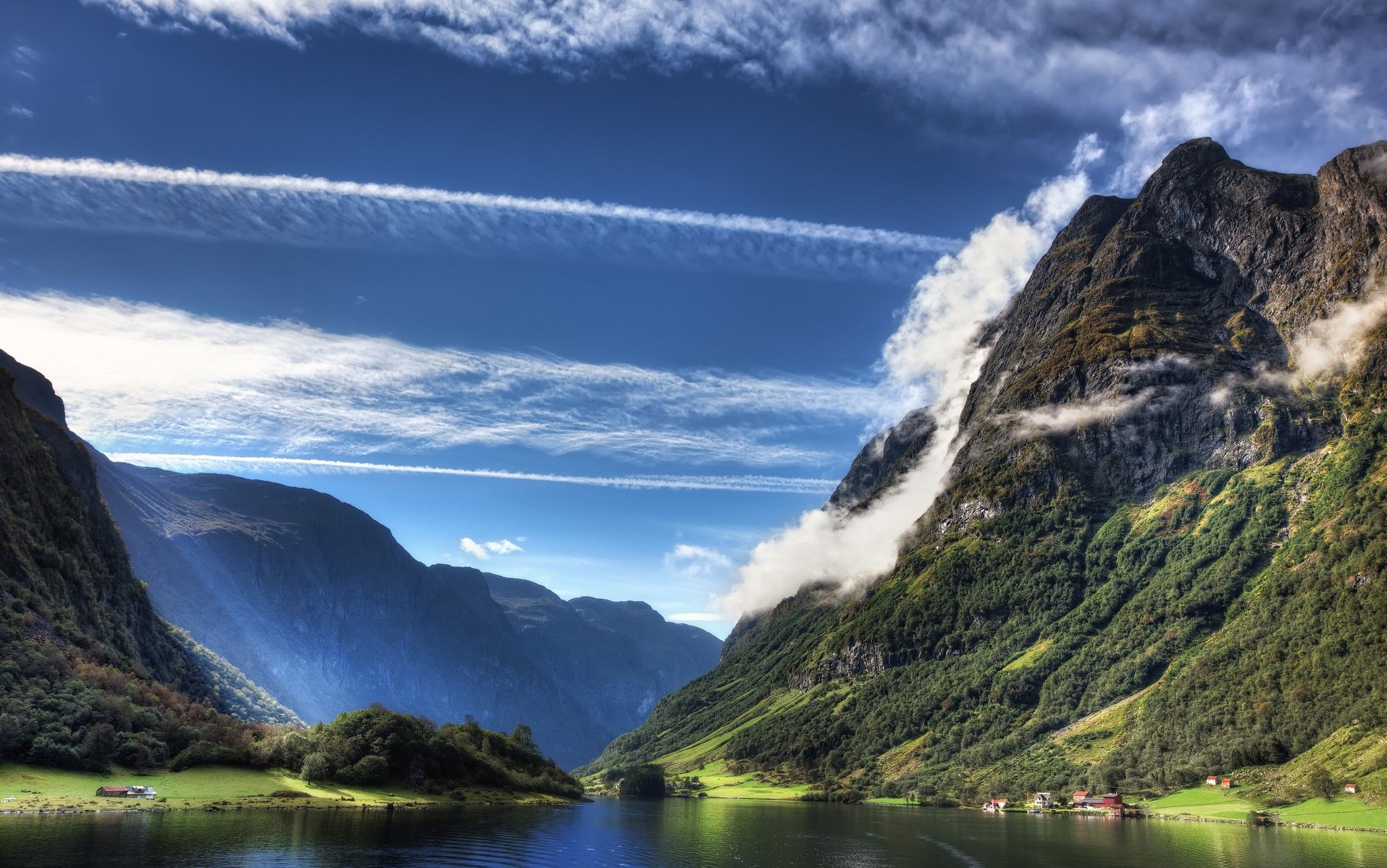 Fjord Norway Mountains Villages Shrubs Cliff Summer Nature Landscape Wallpaper:2048x1282